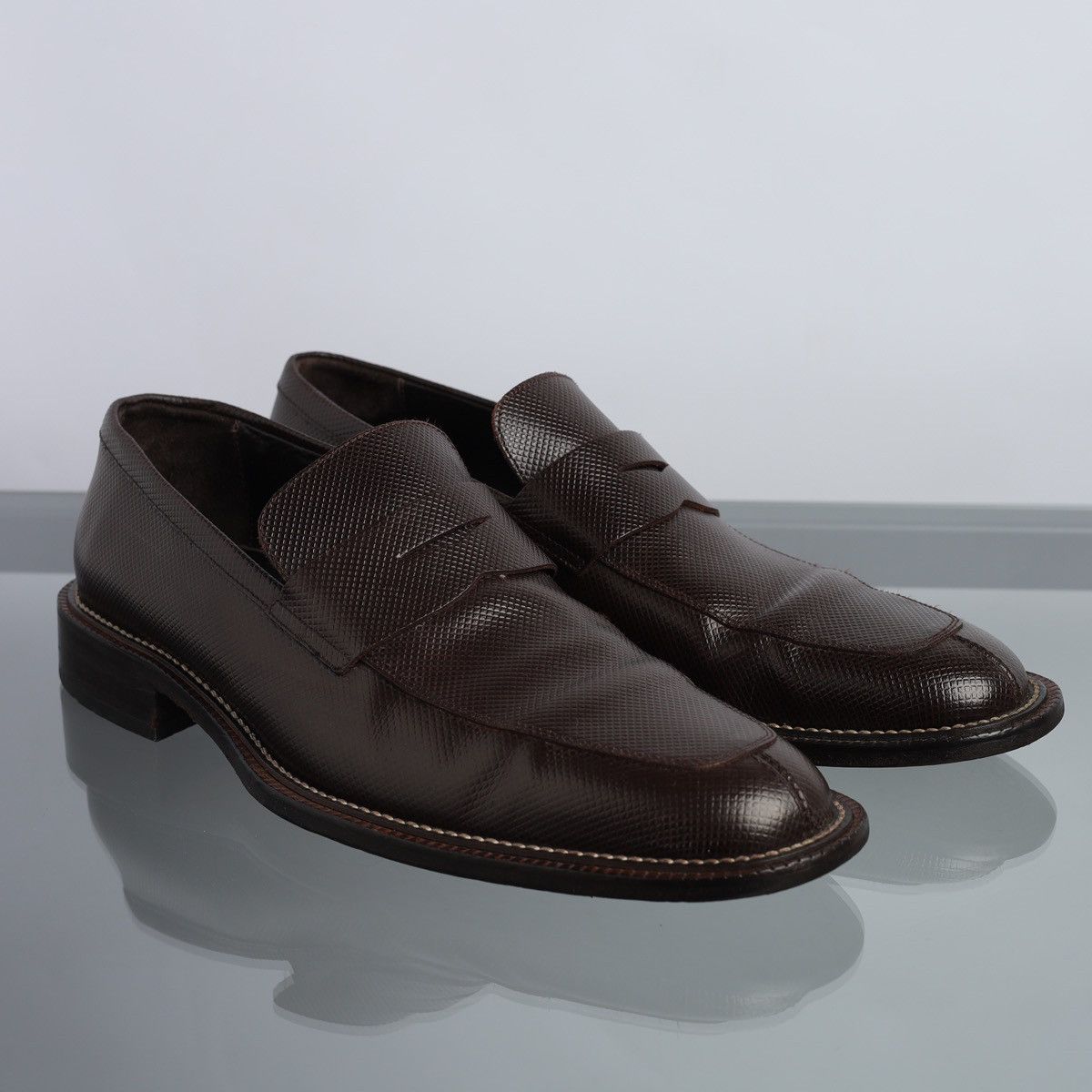 Emporio Armani Grained Leather Penny Loafers Brown Vintage, Men's (Size 10)
