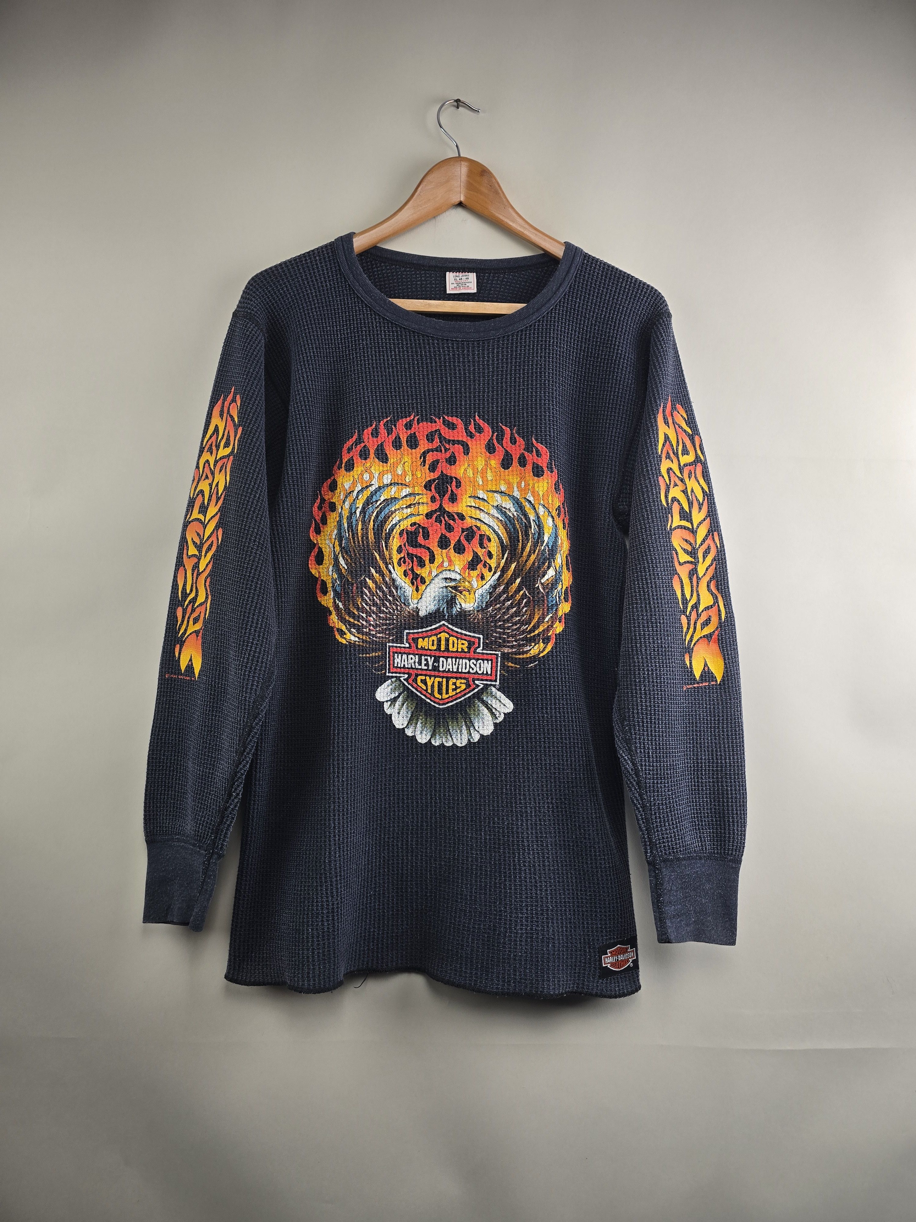 Harley Davidson × Vintage 1990 Harley Davidson Flames Thermal Long-sleeved XL Size US XL / EU 56 / 4 - 1 Thumbnail