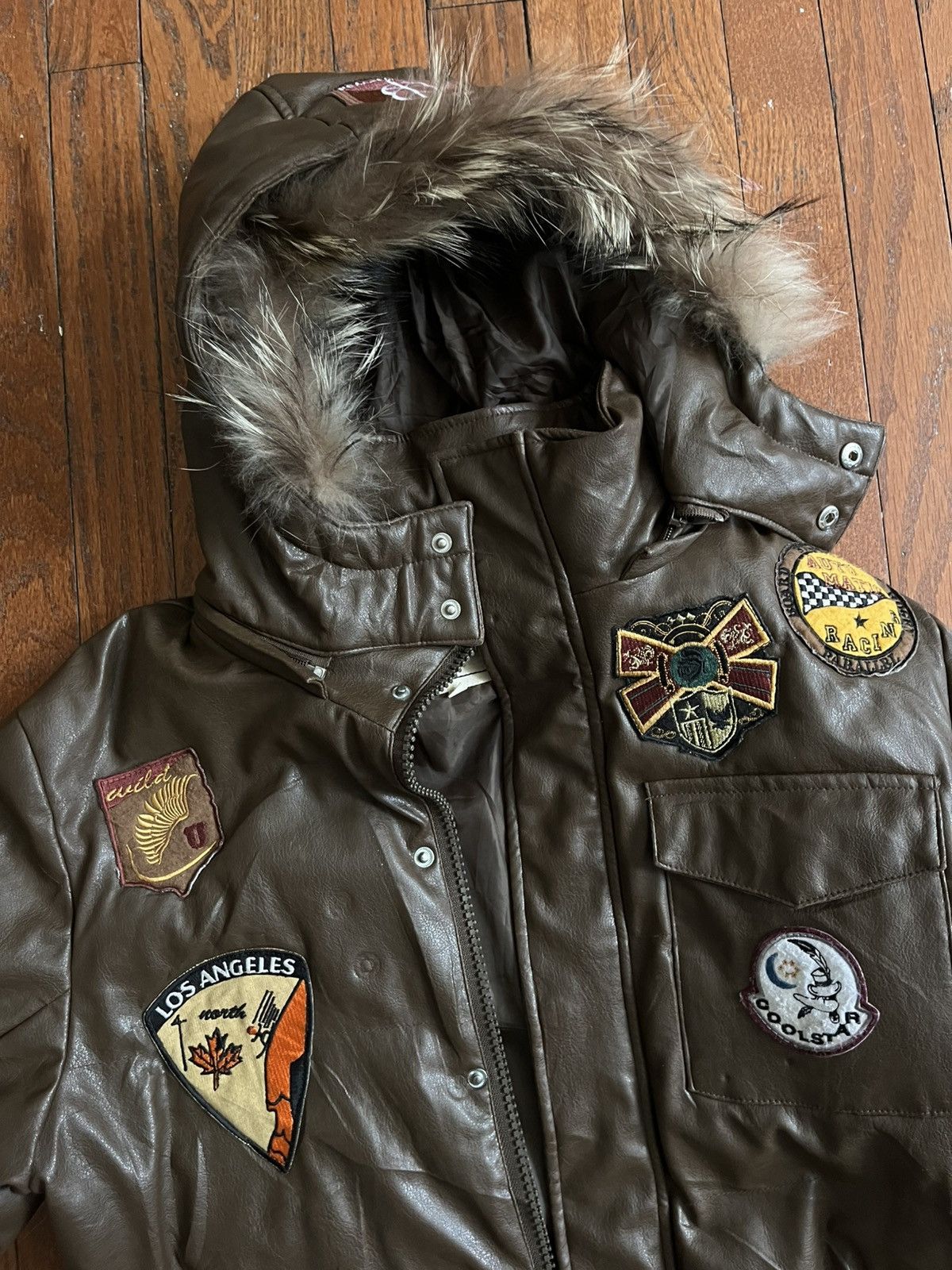 Japanese Brand Brown leather bomber/parka fur, patches Size US M / EU 48-50 / 2 - 8 Thumbnail