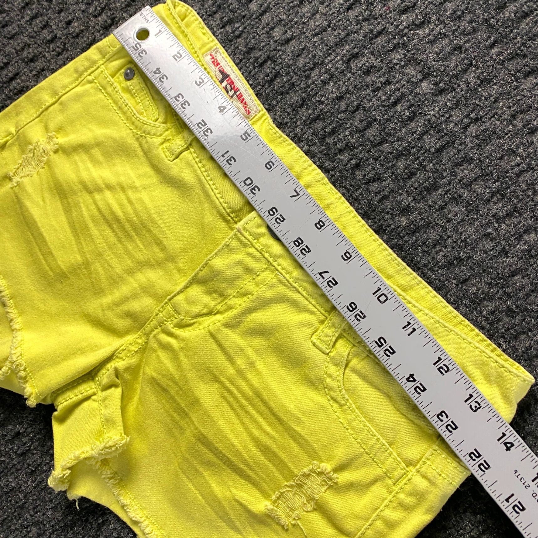Denime VINTAGE 1st Kiss Neon Yellow Denim Shorts 25 Low Rise 2” Inseam Booty Cut-Off Hipster Women Size 42" / US 20 - 7 Thumbnail