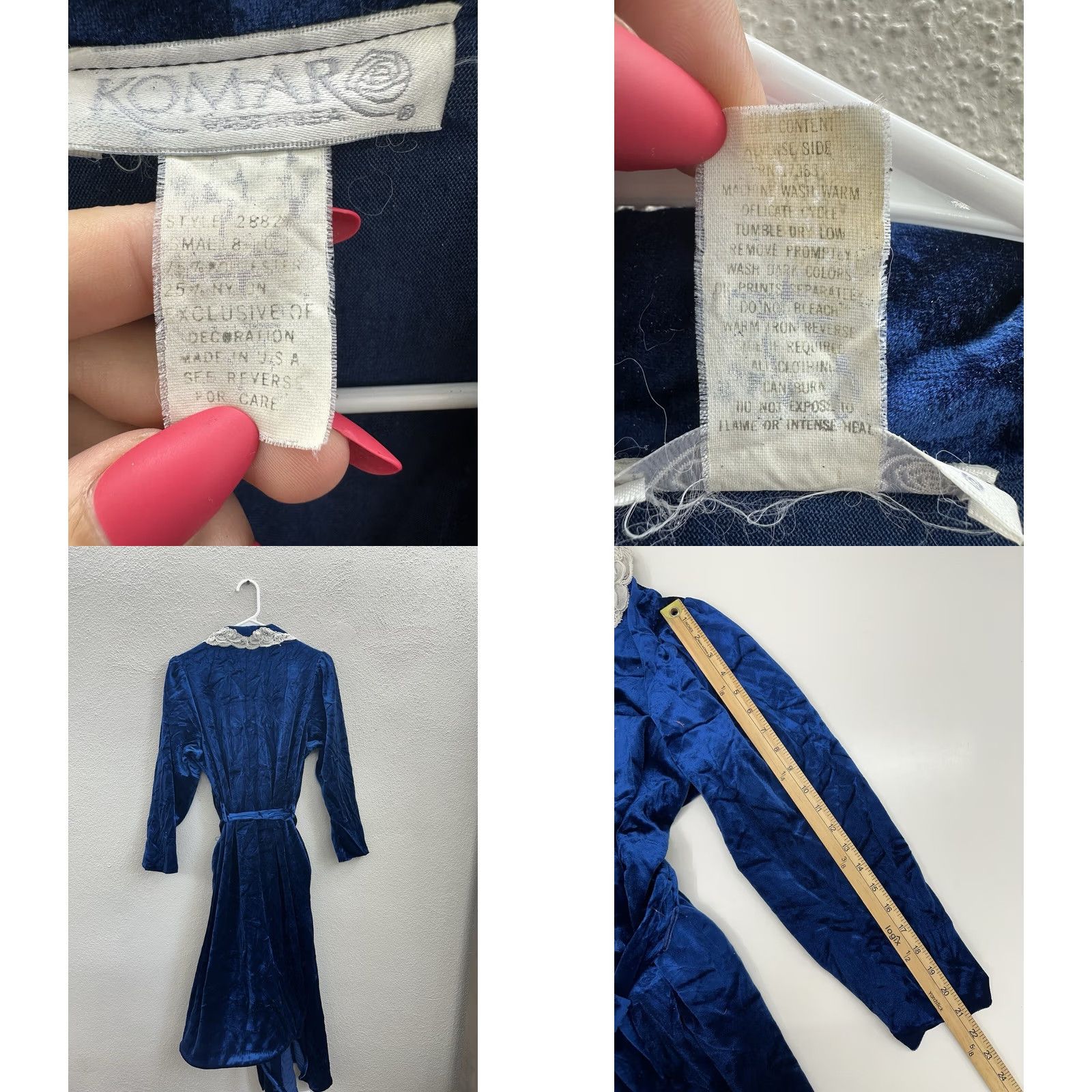 Vintage Komar Womens Robe Size Small Blue Velour Lace Nightgown Housecoat Vintage 80s Velour Robe Knotted Belt Lightweight 80s Womens Size ONE SIZE - 8 Thumbnail
