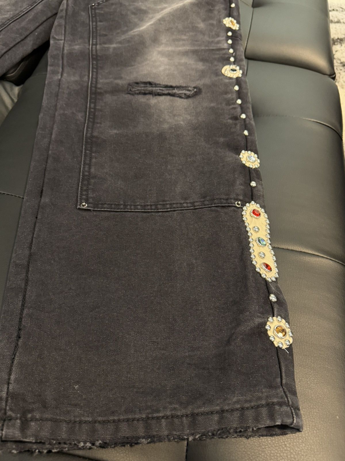 Other Size 36 - JP Sorrow Rhinestone Double Knee Denim Black Size US 36 / EU 52 - 3 Thumbnail