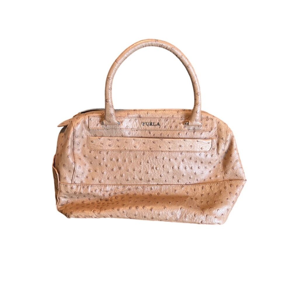Furla Brown Ostrich Leather Satchel Handbag Purse Tan, Women's