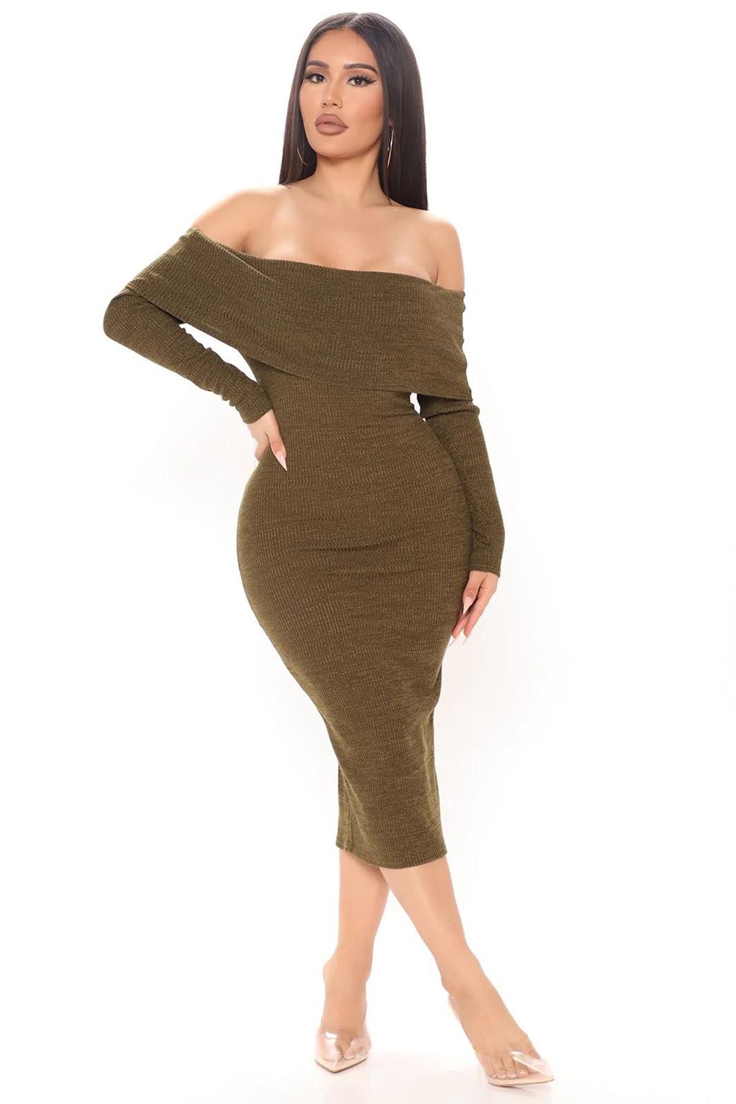 Fashion Nova Show Up Sweater Midi Dress - Olive Size M / US 6-8 / IT 42-44 - 1 Thumbnail