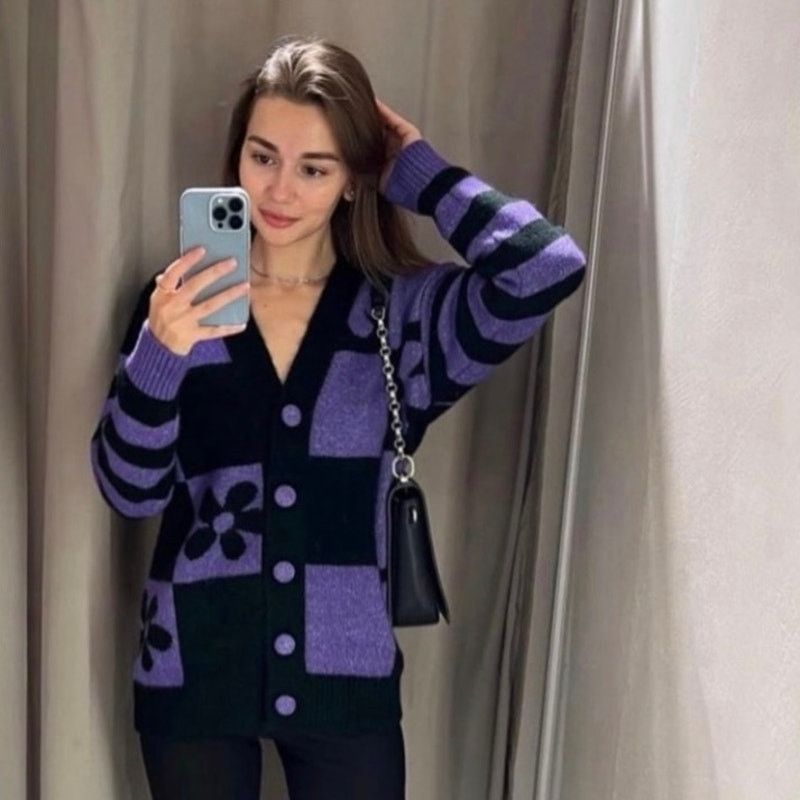 Zara Zara Purple Black Jacquard Oversized Cardigan Sweater Size S / US 4 / IT 40 - 1 Thumbnail