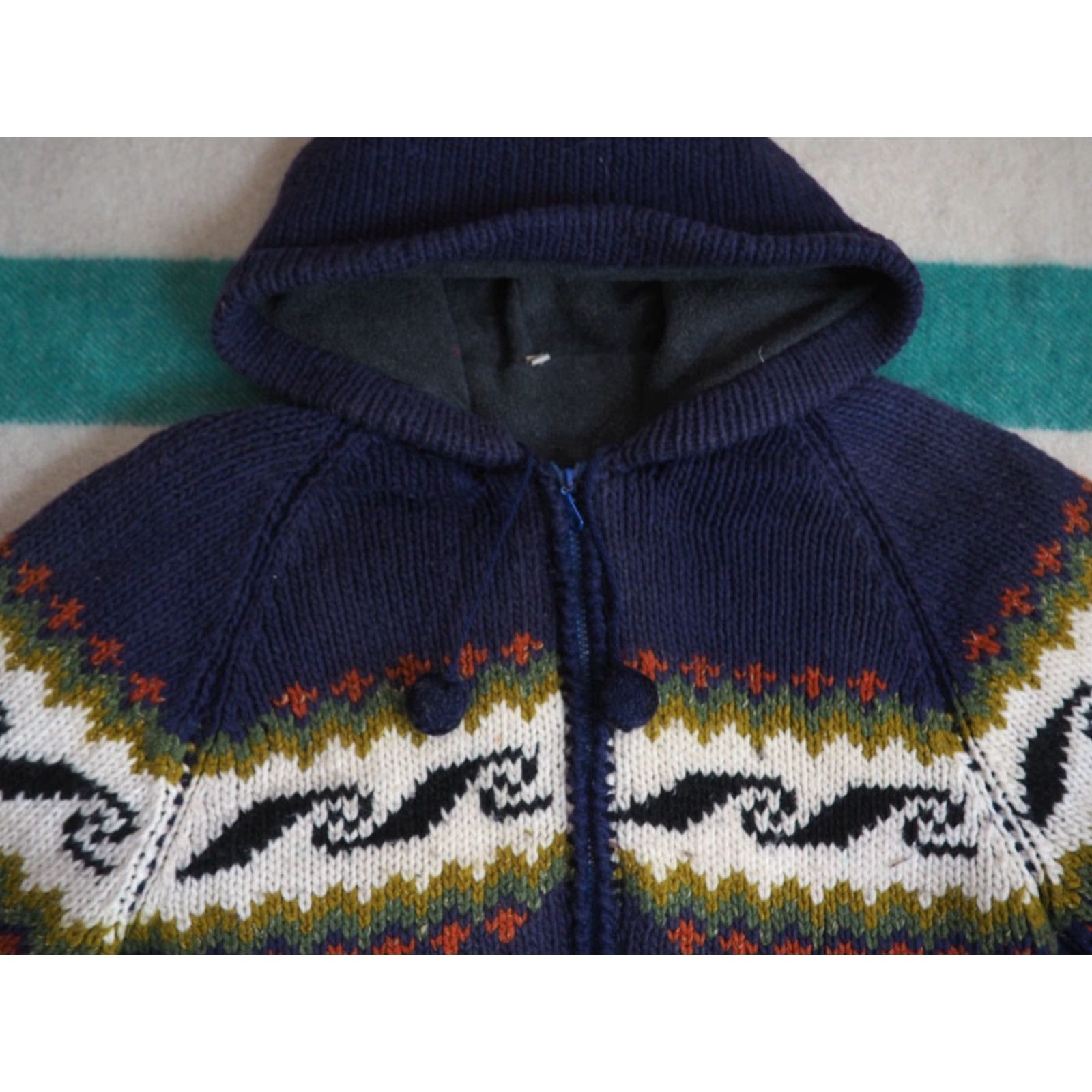 Vintage VTG Navy Blue Wave Hooded Full Zip Wool Fleece Lined Cowichan Sweater Womens M Size M / US 6-8 / IT 42-44 - 3 Thumbnail