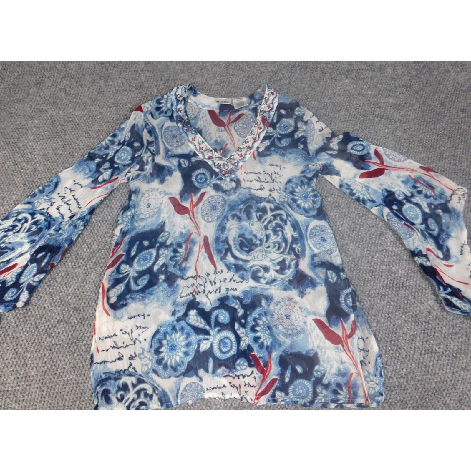 Vintage Crown & Ivy Blouse Women M Blue Floral Knit Polyester Crew Neck Long Sleeve Pullover Casual Regular Vintage No Size M / US 6-8 / IT 42-44 - 2 Thumbnail
