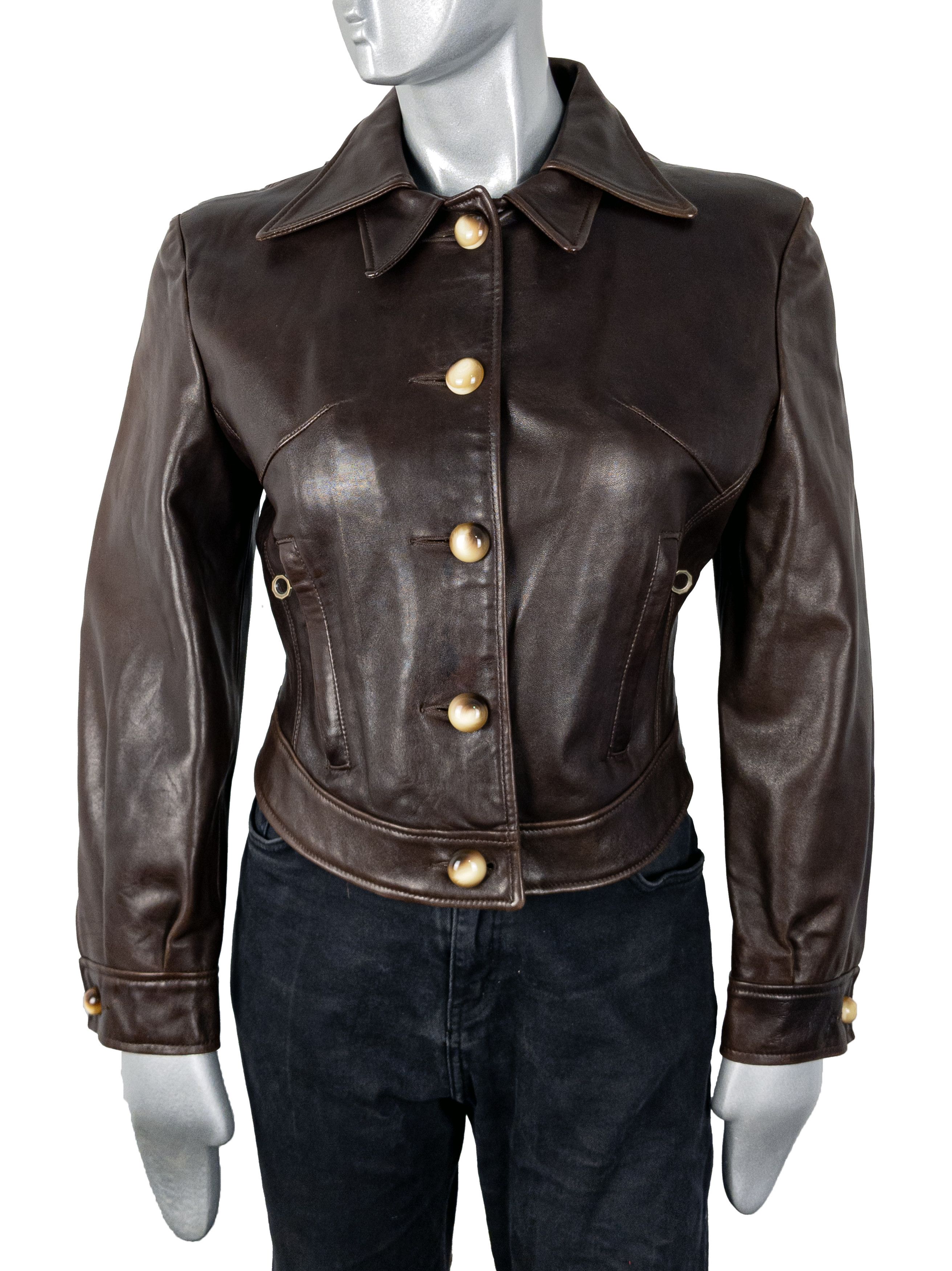 Vintage Vintage UK Women's Brown Cropped Leather Button Down Jacket Size L / US 10 / IT 46 - 6 Thumbnail