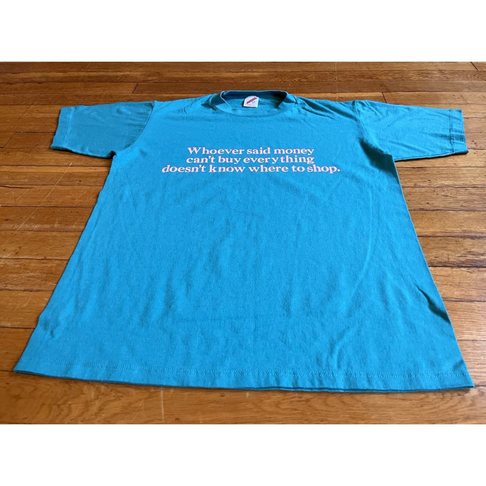 Jerzees VINTAGE Funny Shopping Shirt L Blue 90s Size L / US 10 / IT 46 - 2 Thumbnail