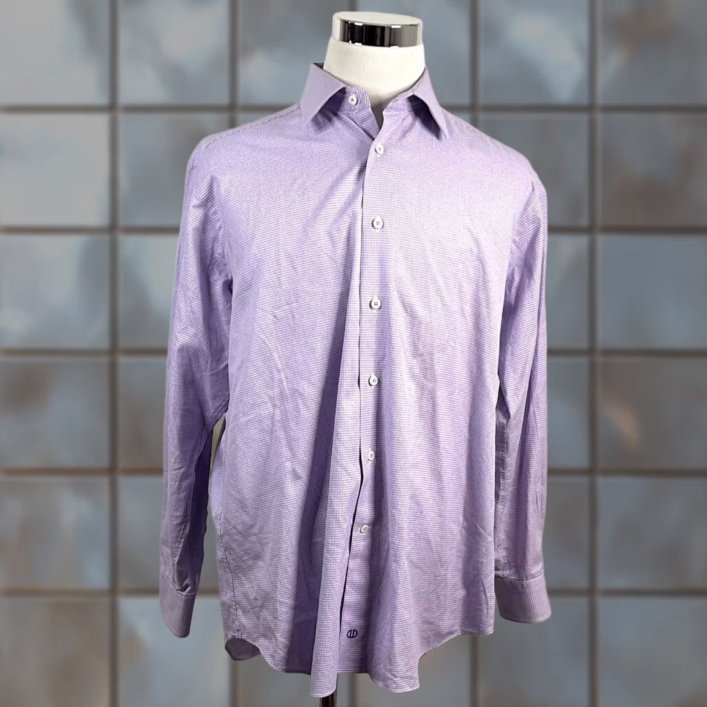 David Donahue David Donahue Dress Shirt 17 34/35 Purple Houndstooth 100% Cotton Regular Fit Mens Size 46R - 1 Thumbnail