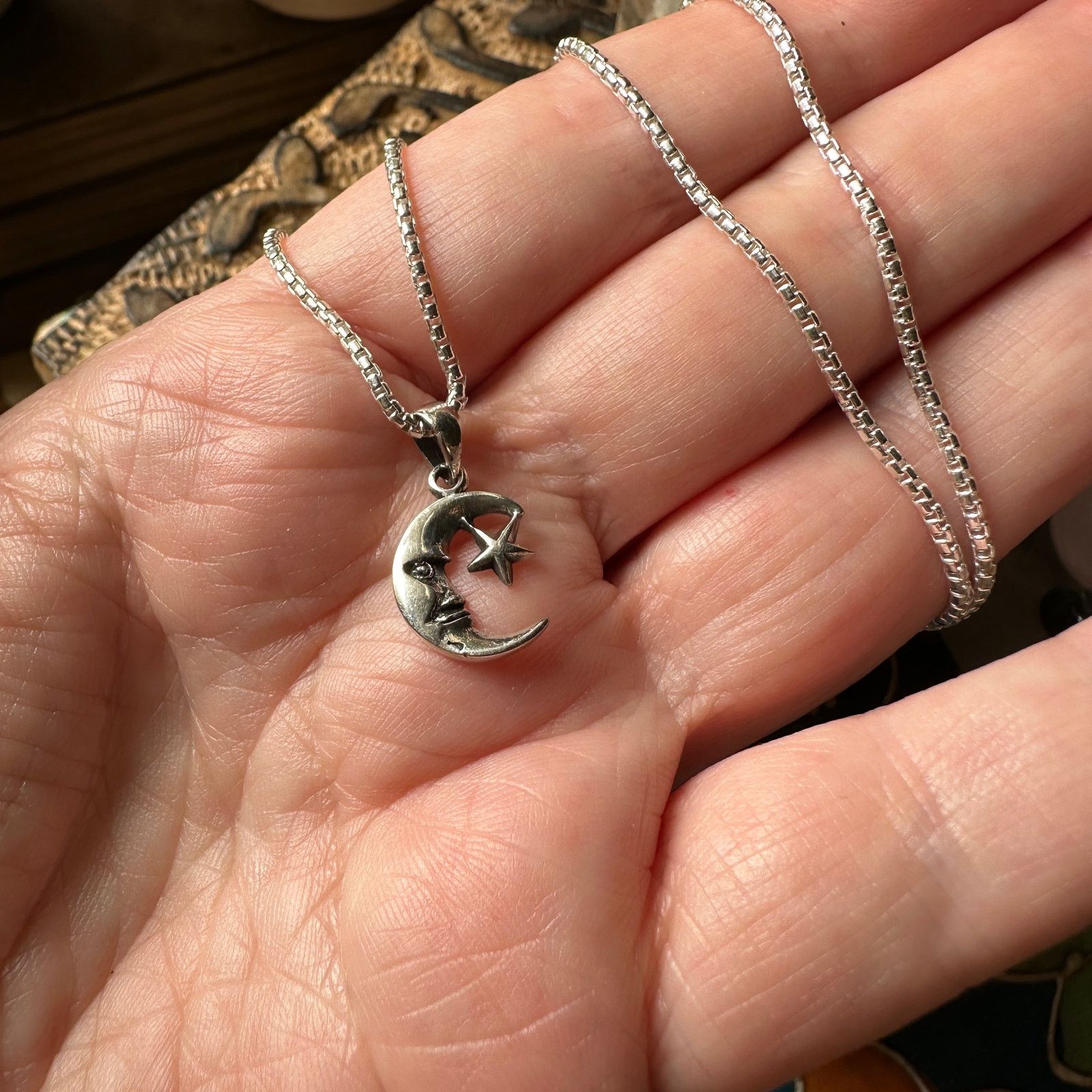 The Unbranded Brand Moon & Star Rounded Box Chain Sterling Silver Necklace Size ONE SIZE - 2 Thumbnail