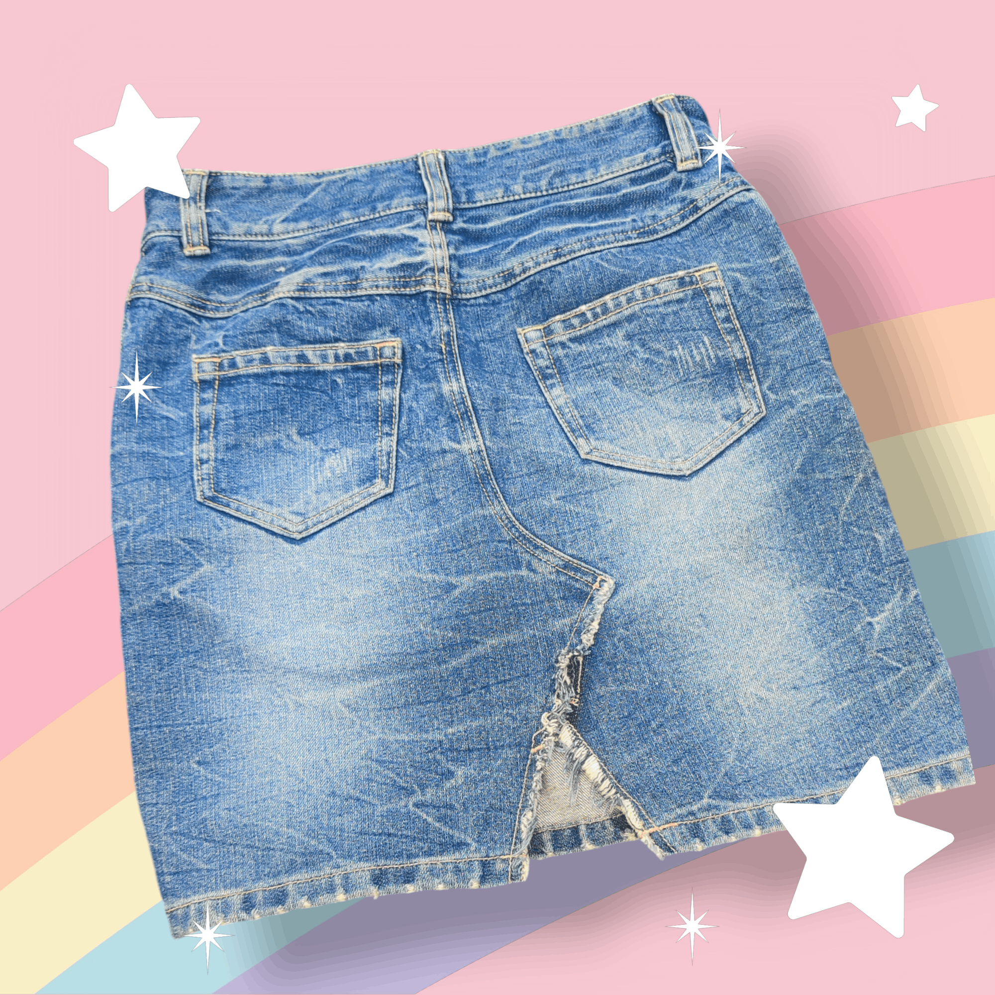 Handmade Remake Old denim mini skirt crochet patches Size 30" / US 8 / IT 44 - 3 Thumbnail