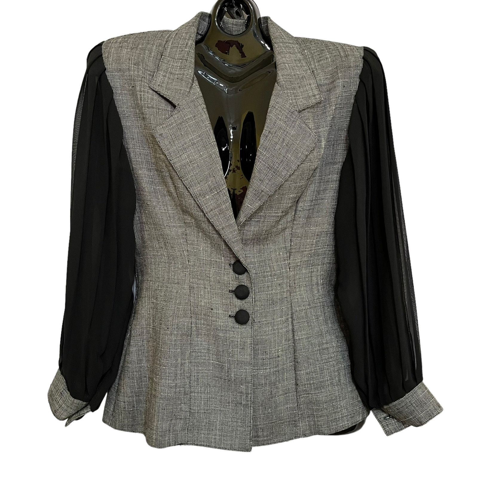 Vintage Vintage Koji Yohji Gray Blazer w/ Black Chiffon Puff Sleeves Size S / US 4 / IT 40 - 1 Thumbnail