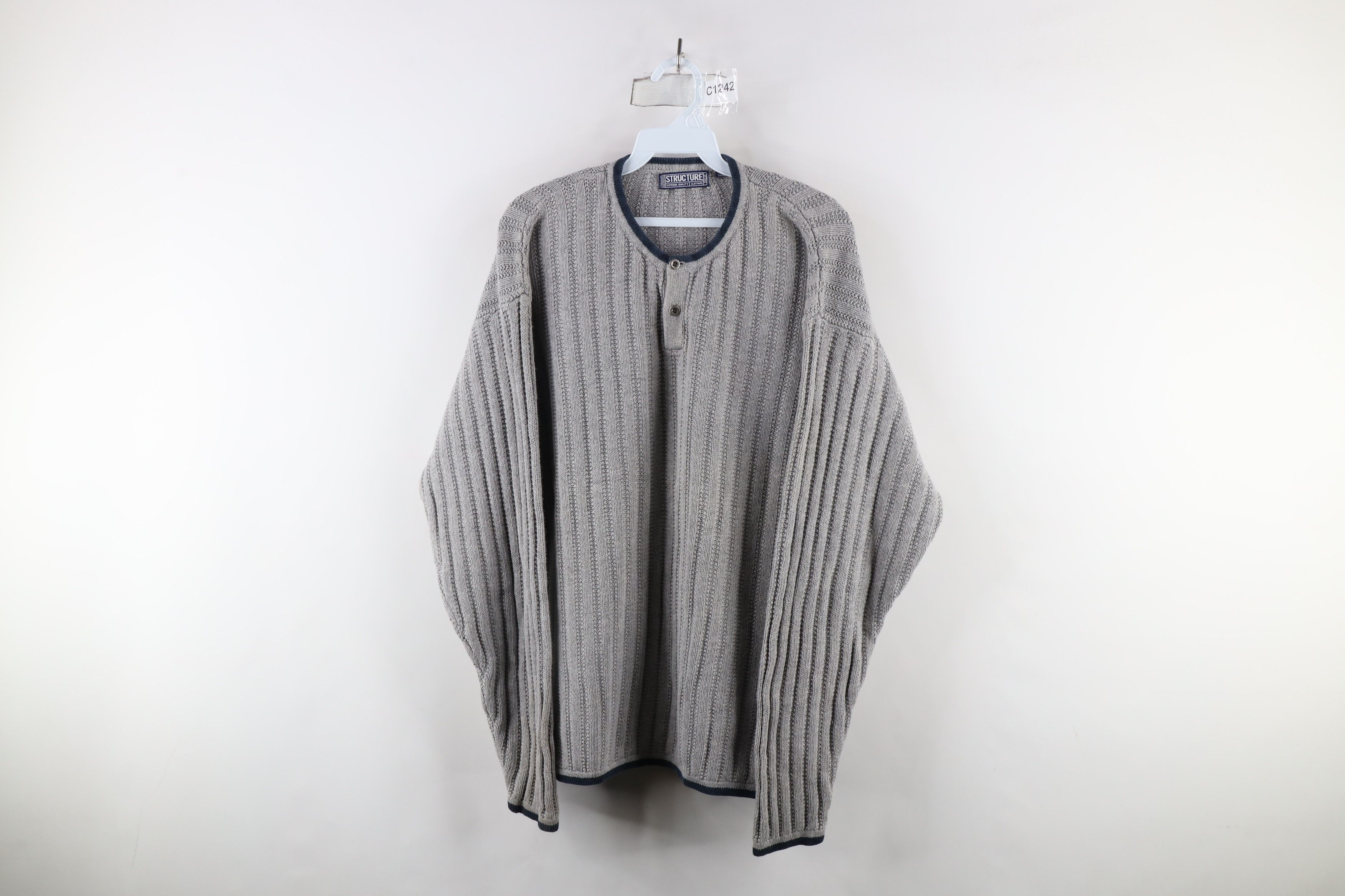 Vintage Vintage 90s Streetwear Ribbed Knit Henley Sweater Gray Size US M / EU 48-50 / 2 - 1 Thumbnail