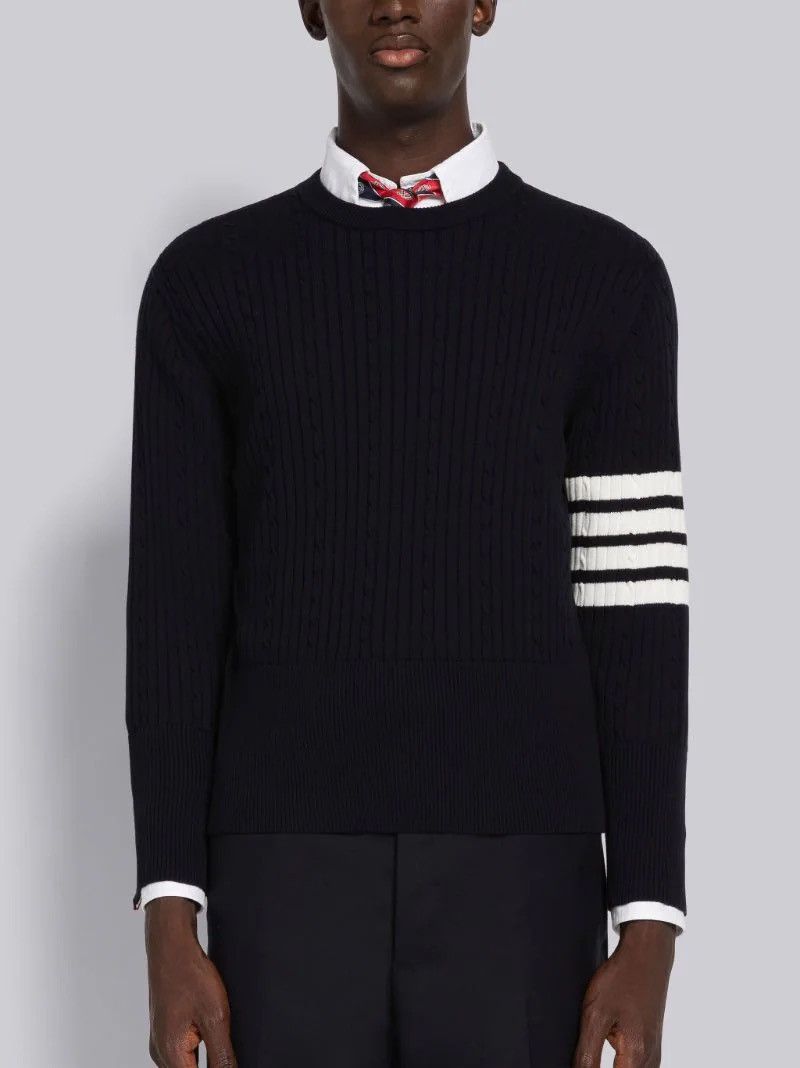 Thom Browne NAVY BABY CABLE RIB COTTON 4-BAR CREWNECK Size US S / EU 44-46 / 1 - 1 Thumbnail