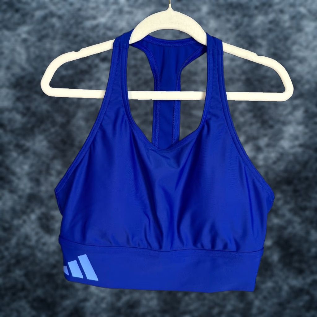 Adidas Adidas Sports Bra Shirt Womens Small Blue Racerback Pullover Wireless Full Cup Logo Polyester Elastane Activewear 90s? Size ONE SIZE - 1 Thumbnail