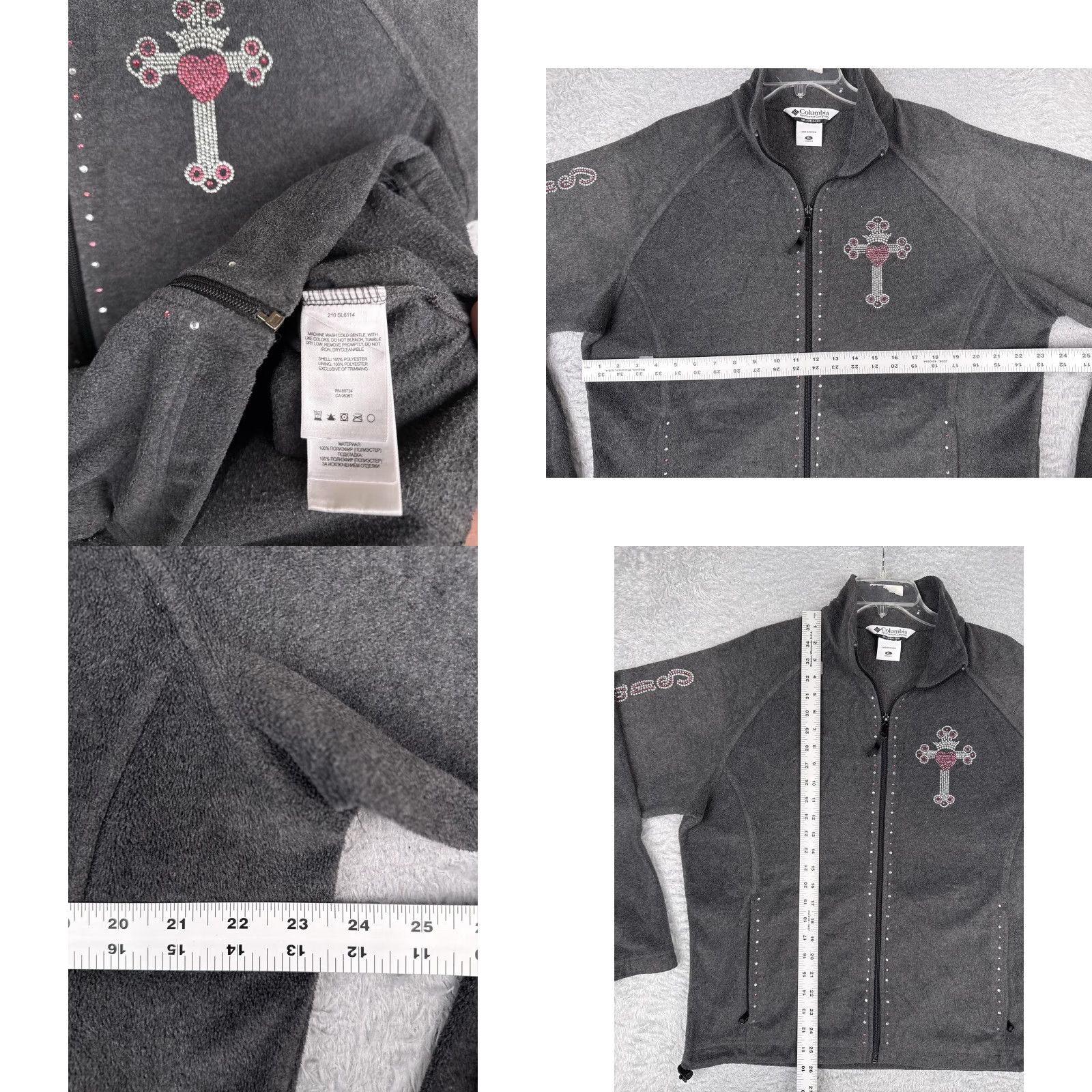 Pinko Columbia Jacket Women XL Gray Full Zip Rhinestone Cross Heart Pink Ribbon Fleece Size XL / US 12-14 / IT 48-50 - 8 Thumbnail