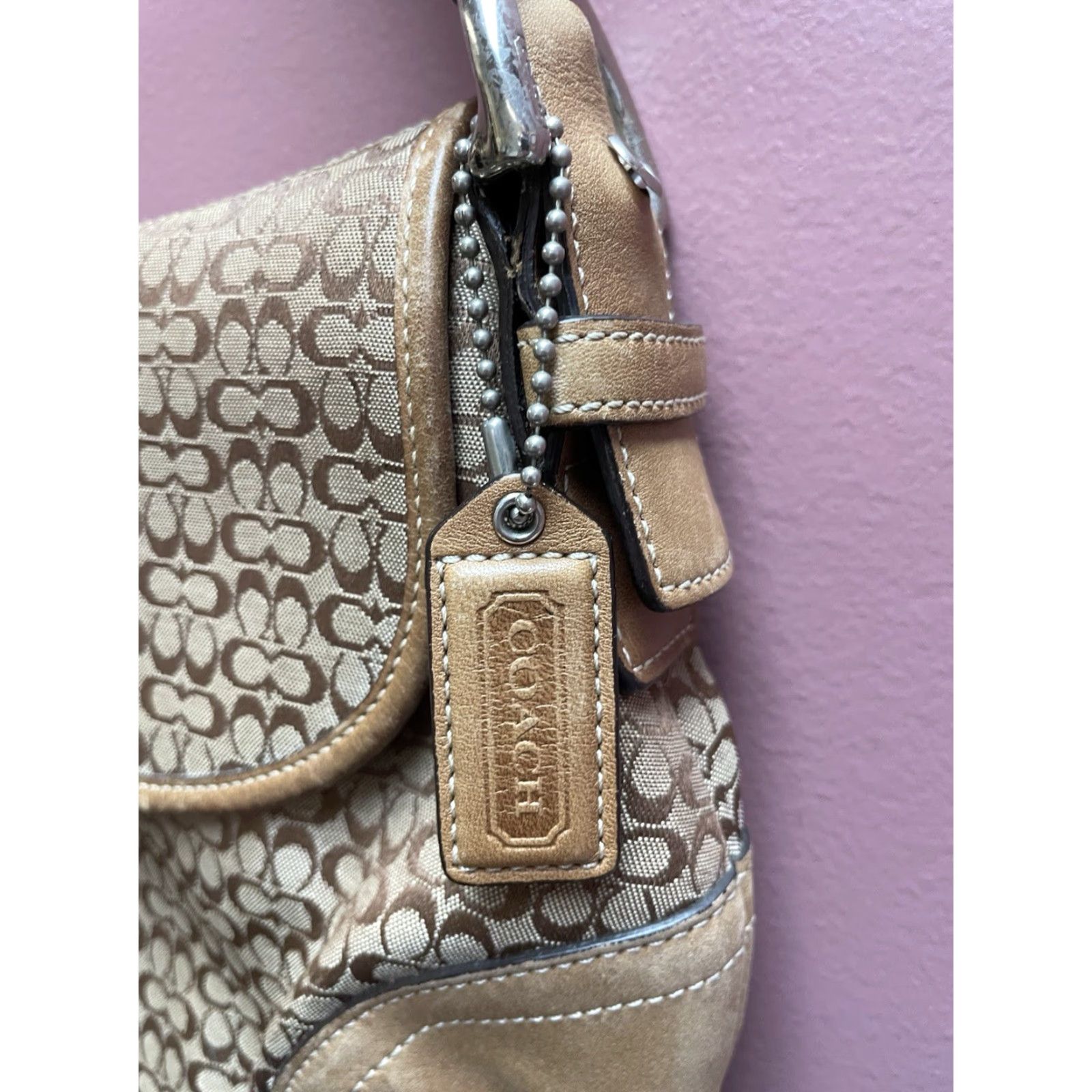 Coach VINTAGE Coach Soho Shoulder Bag Women Small Brown Suede Canvas Leather Signature C Size ONE SIZE - 3 Thumbnail