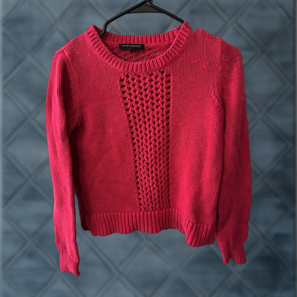 Banana Republic Banana Republic Sweater Womens XS Pink Open Knit Pullover Long Sleeve Crew Neck Casual Knitwear Lightweight Pattern: Solid Size XS / US 0-2 / IT 36-38 - 1 Thumbnail
