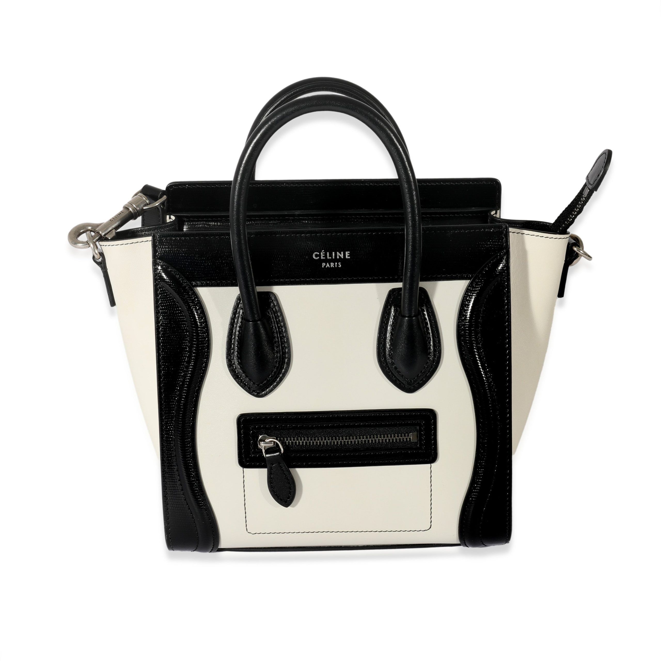 image of Celine Black White Leather Bicolor Nano Luggage, Women's