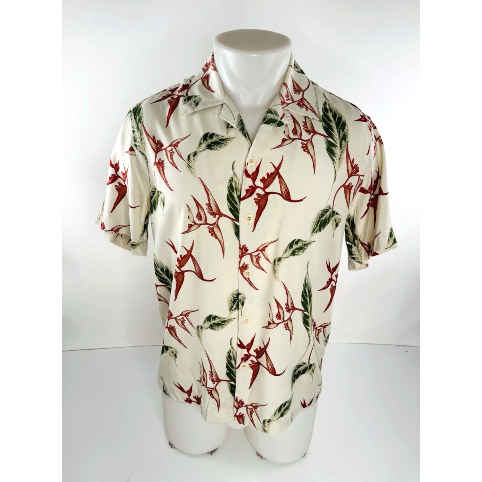 Sandro Sandro Paris - Floral Hawaiian Aloha Mens S Shirt - Floral - Hawaiian - S - Beige / Green / Red - Short Sleeve - Button-Up - EXCELLENT - Mens Size US S / EU 44-46 / 1 - 2 Thumbnail