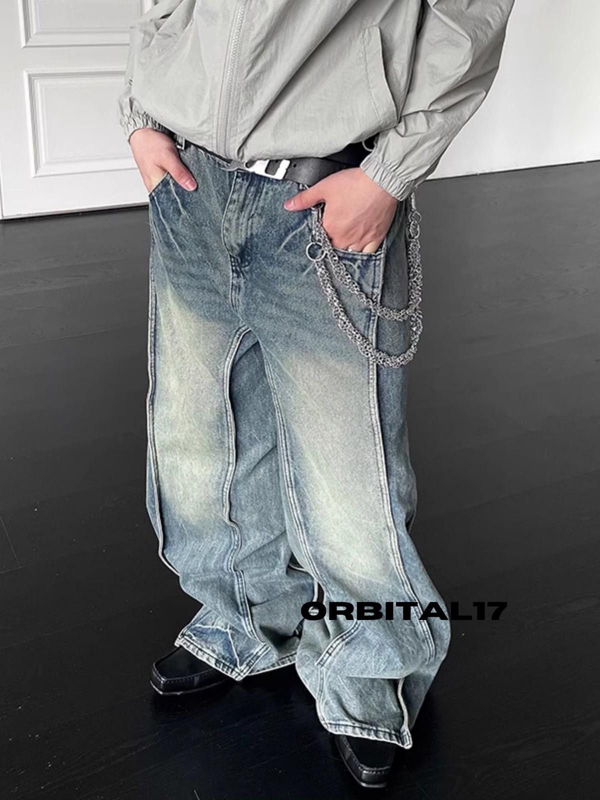 Lightning Blue Baggy Embroidered Flare Denim Jeans
