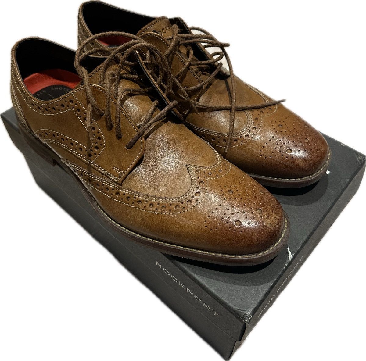 image of Oxford x Rockport Classic Brogue Wingtip Formal Dress Shoes in Brown, Men's (Size 7)