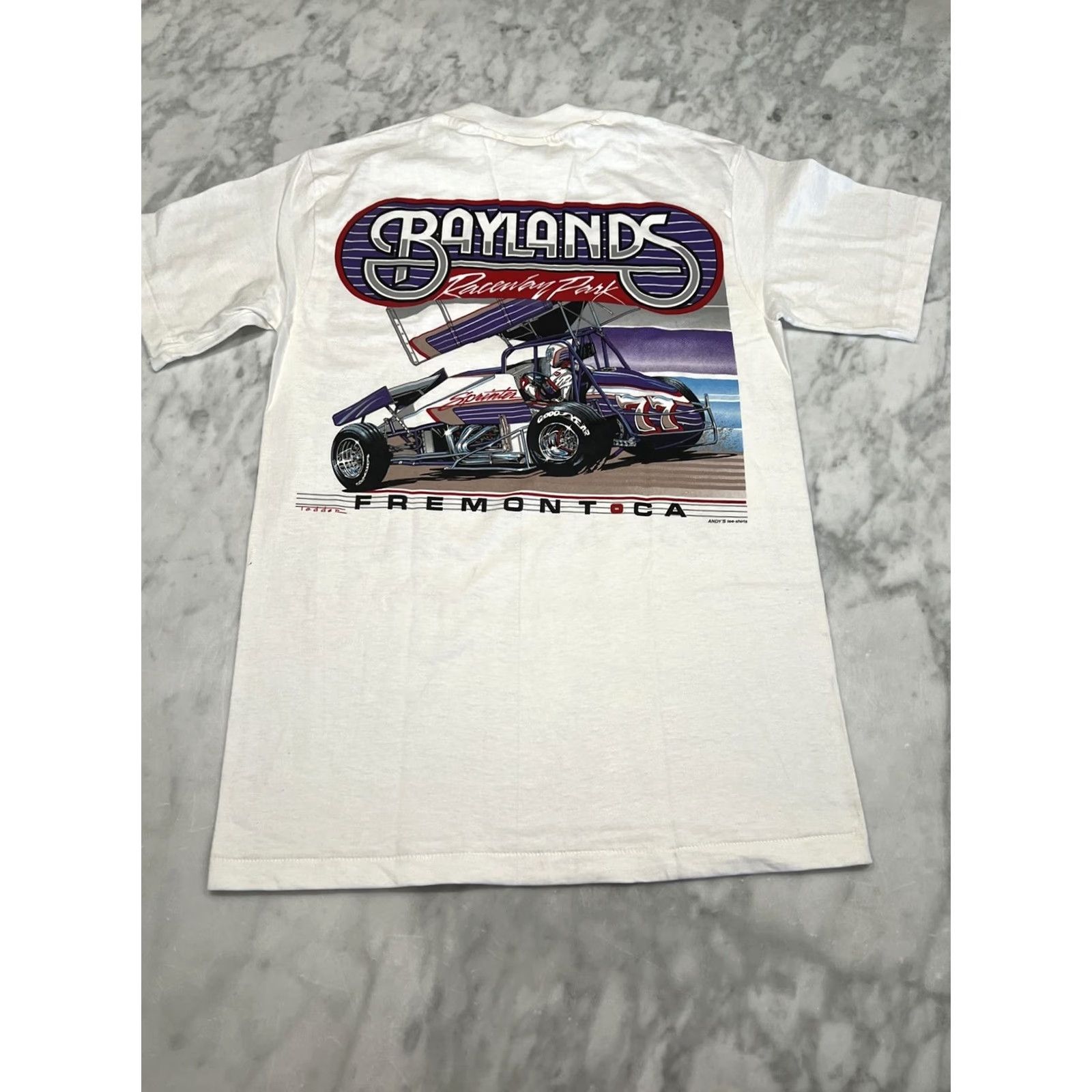 Hanes VINTAGE 80s Baylands Racing Park Fremont T Shirt Men’s Small Short Sleeve White Cotton Blend Hanes Men Rockabilly Single Stitch Dbl Size US S / EU 44-46 / 1 - 6 Thumbnail