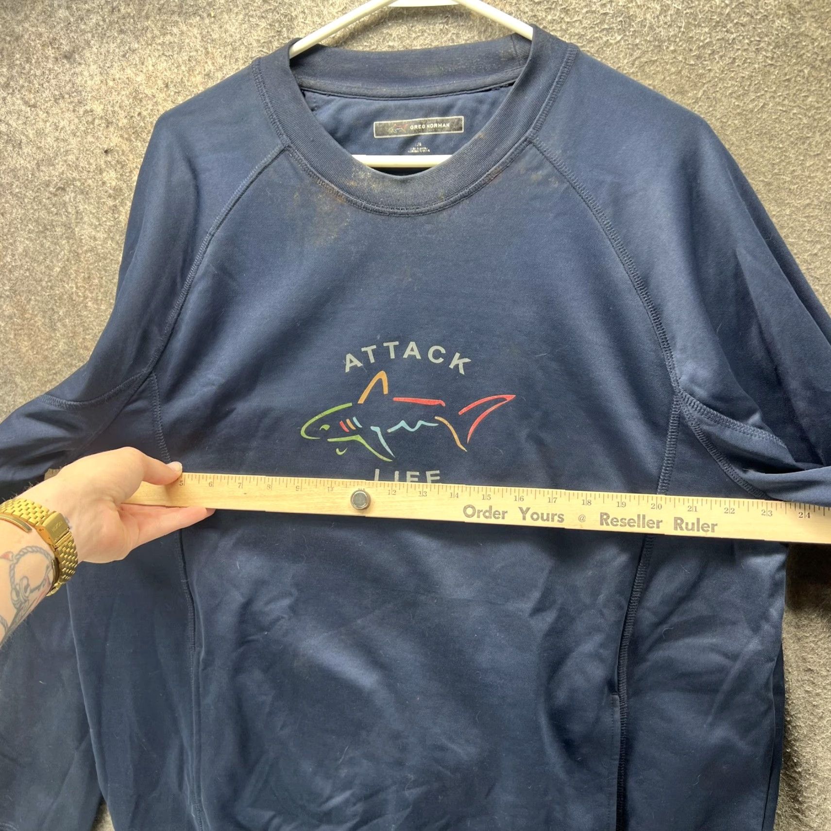Vintage Greg Norman Sweatshirt Mens L Blue Attack Life Shark Golf Crewneck Pullover Size US L / EU 52-54 / 3 - 3 Thumbnail