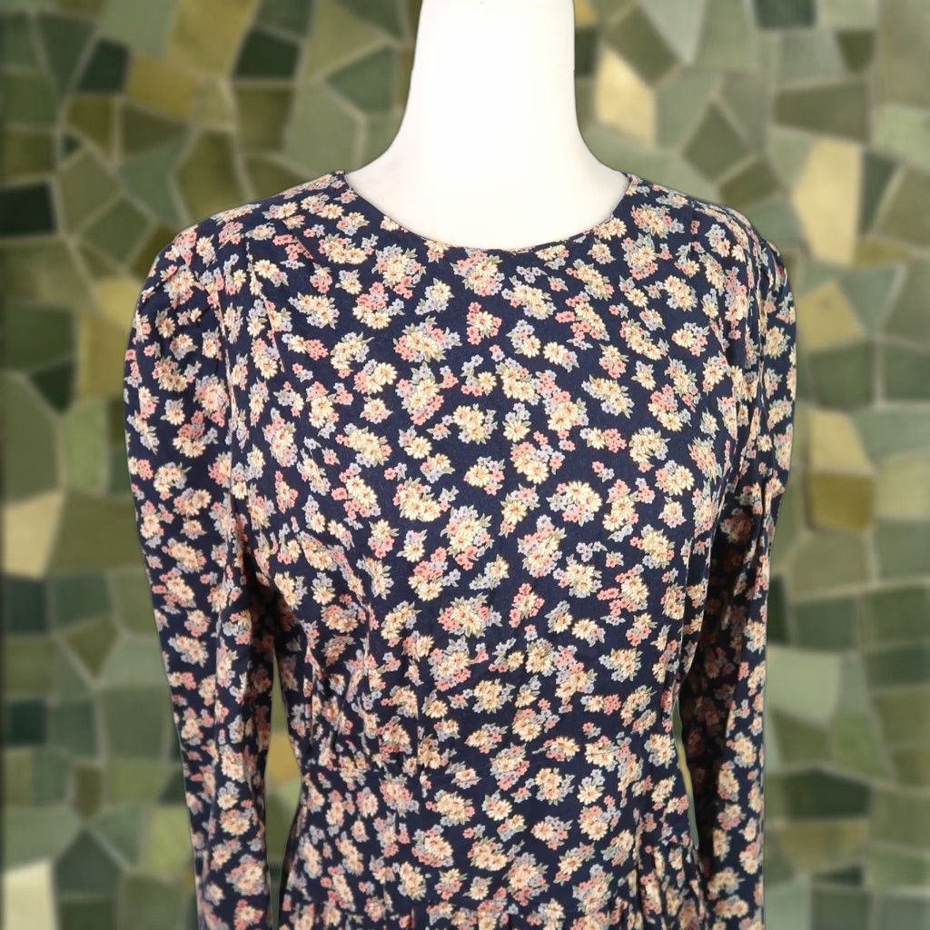 Vintage VINTAGE Lisa Dress Bohemian 90s Floral Long Sleeve Mini Navy Blue Cream Womens 10 Size L / US 10 / IT 46 - 1 Thumbnail