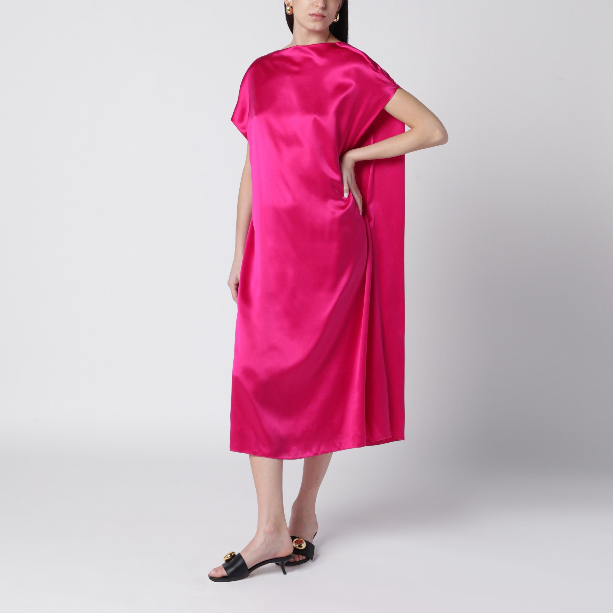 Dries Van Noten Dries Van Noten Fuchsia Silk Satin Midi Dress Size ONE SIZE - 1 Thumbnail