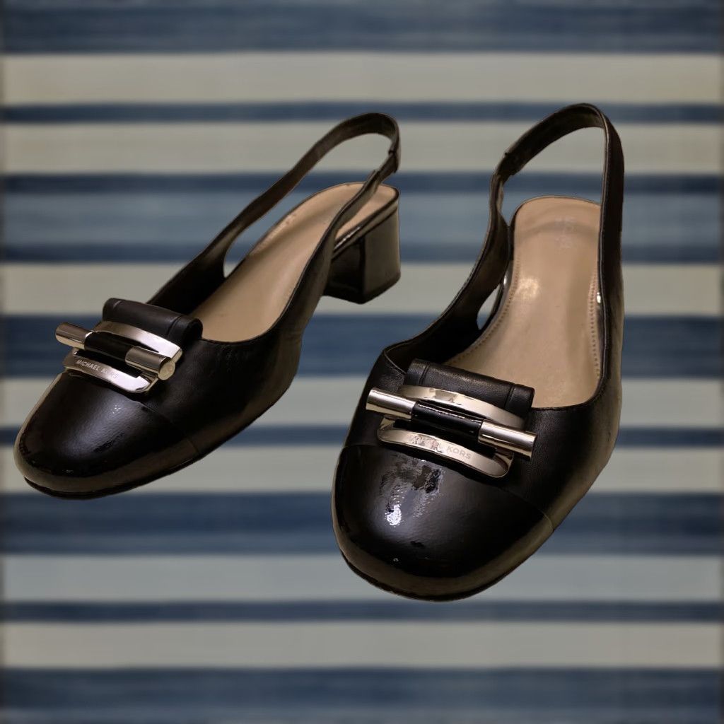 Michael Kors Black Patent Leather Slingback Heel Shoes Women Size 8M Round Toe Block Mid Heel Classic