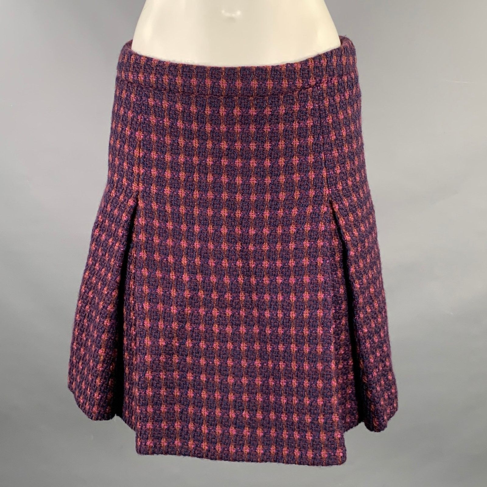 MIU MIU Fuchsia Navy Virgin Wool Tweed Knee-Length Skirt