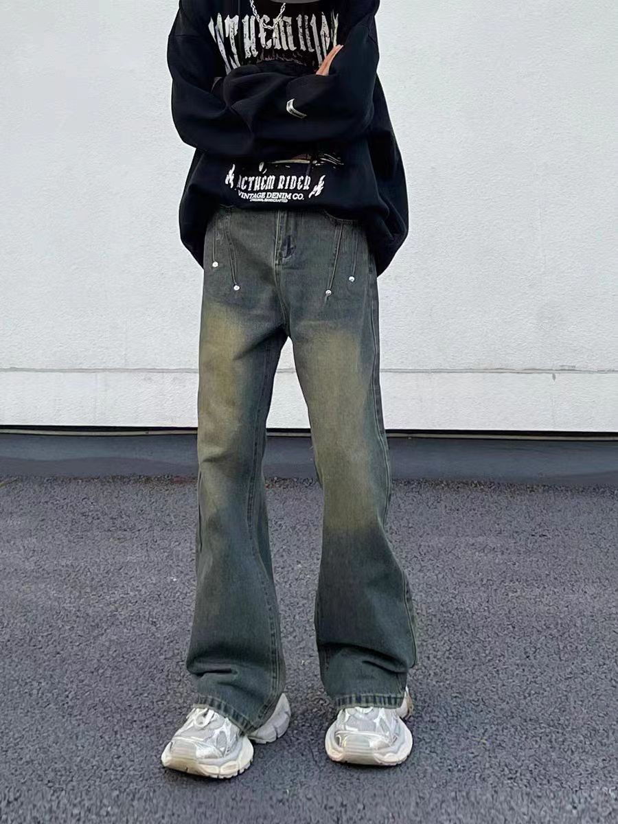 Vintage washed studded wide-leg baggy jeans