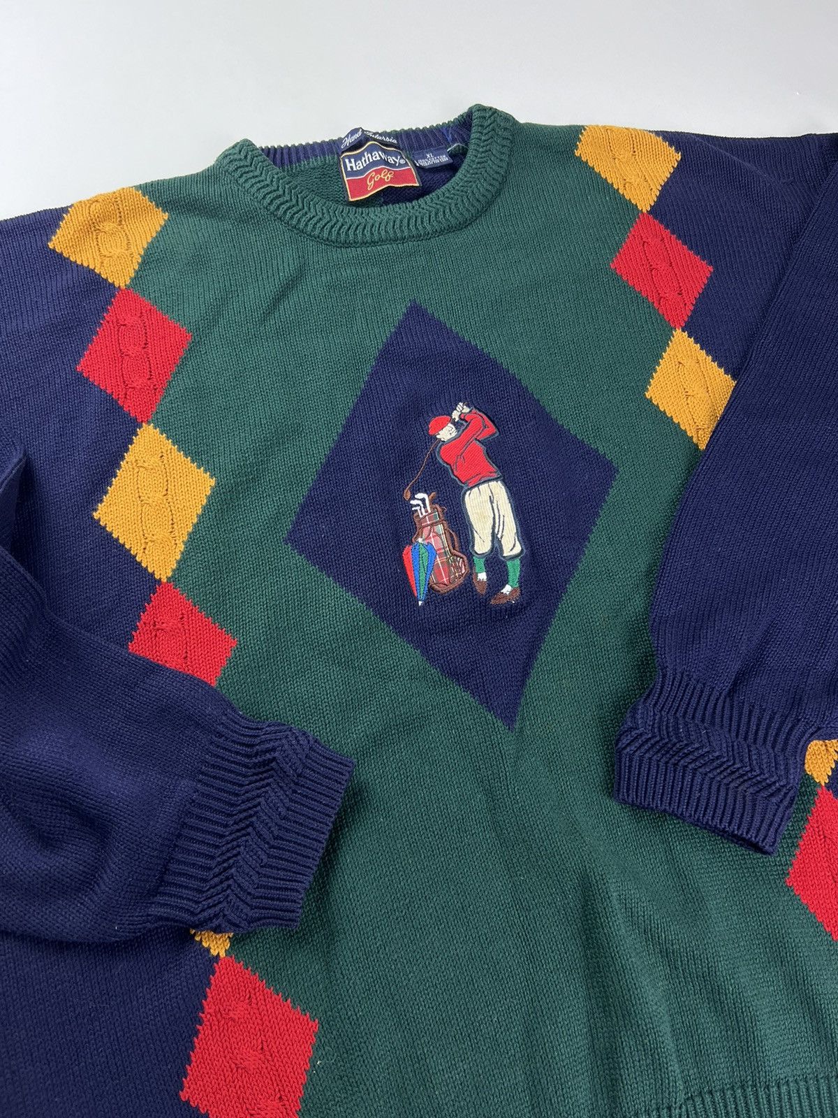 Hathaway Vintage Hand Intarsia Golfing Sweater (Blue, Large, Cotton) outlet