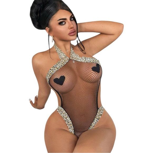 Other Women Black Halter High Stretch Leopard Neck Bodysuit Size ONE SIZE - 3 Thumbnail