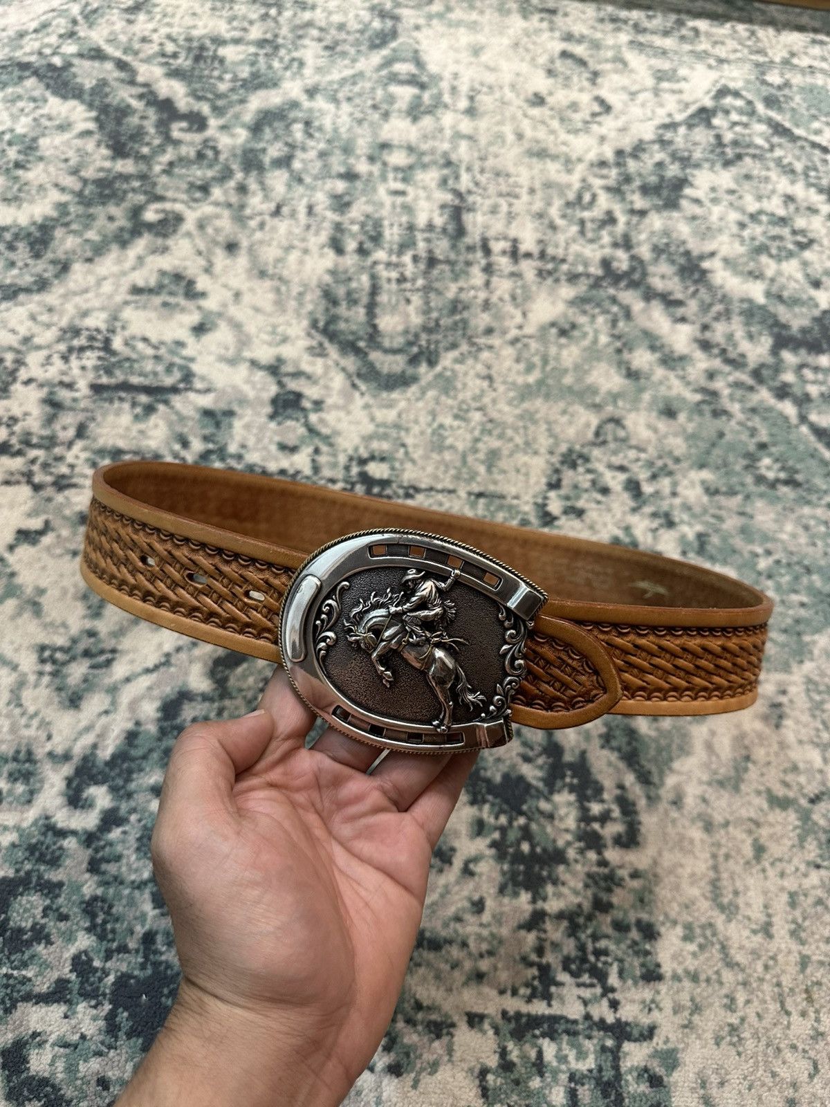 Handmade Tony Lama Classic Basketweave Leather Belt Bronc Buckle (32) Size 32 - 3 Thumbnail