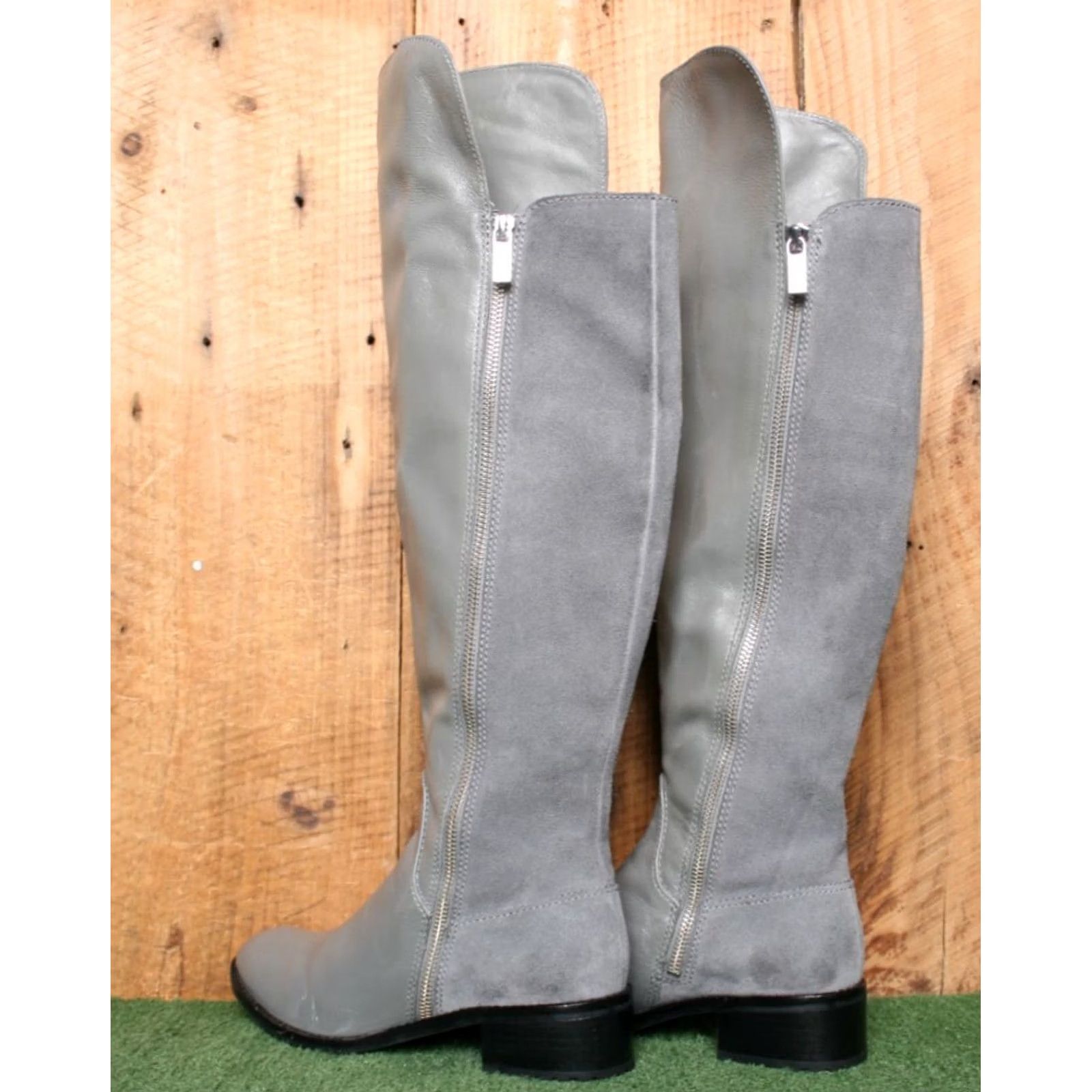 Michael Kors MICHAEL KORS Gray Leather & Suede Over-The-Knee Boots Sz. 7.5 M 20" Tall Riding Boot Womens Size US 8 / IT 38 - 3 Thumbnail