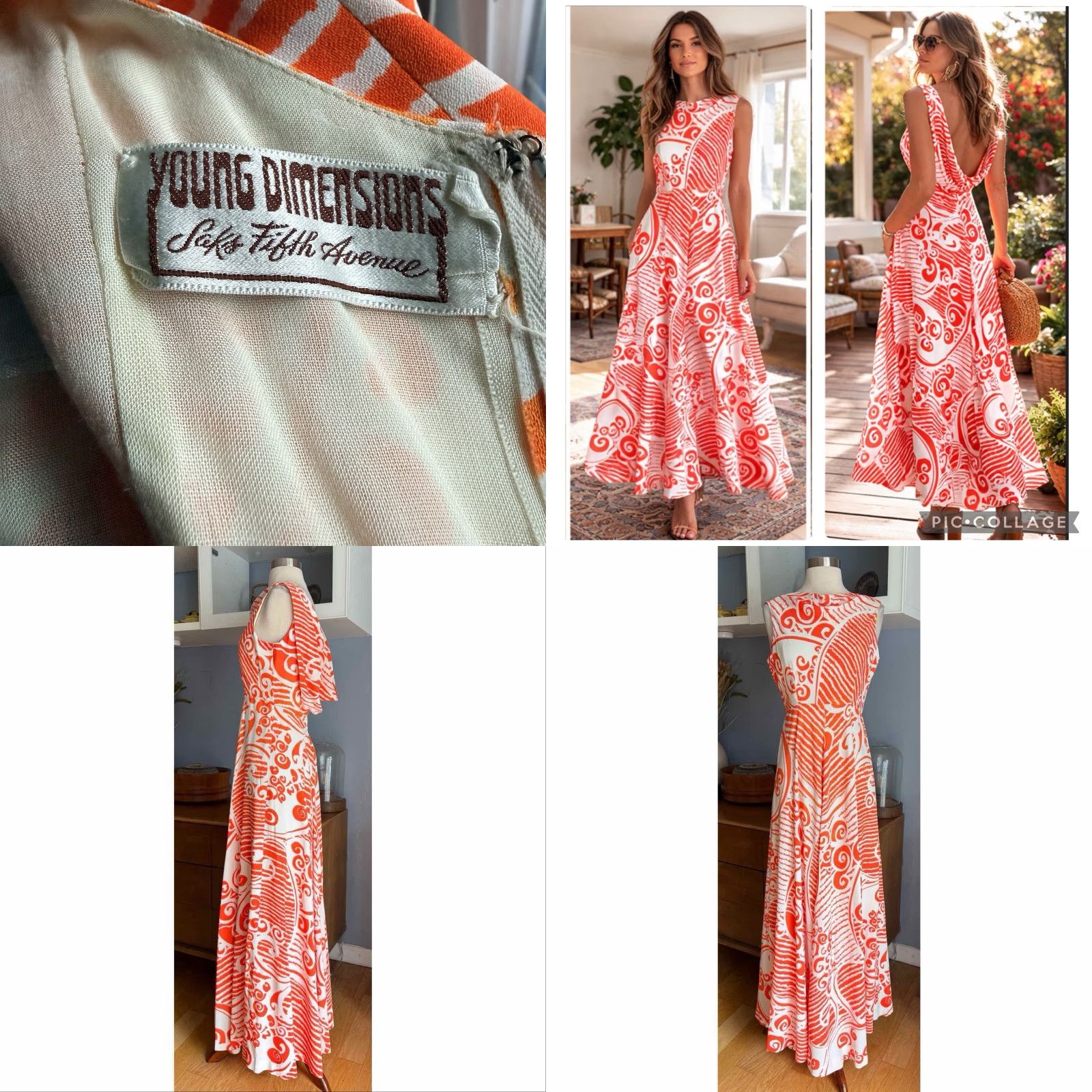 Avenue VINTAGE Young Dimension Saks Fifth Avenue Maxi Dress S/M Orange/White 70s Psychedelic Retro Sleeveless V-Neck Pullover Long Dress Womens Boys? Size S / US 4 / IT 40 - 8 Thumbnail