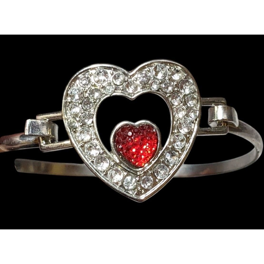 Other Silver And Red Gemmed Heart Bangle Bracelet Size ONE SIZE - 1 Thumbnail