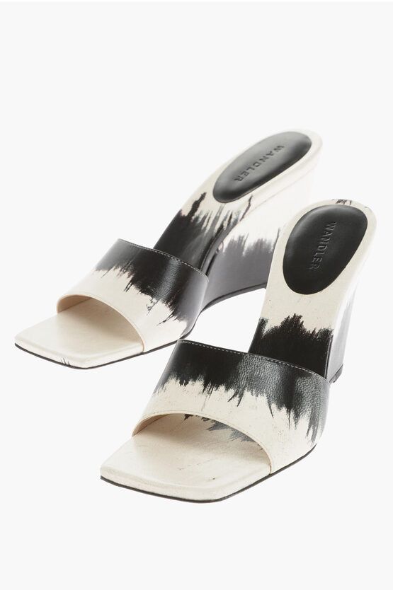 image of Wandler Square Toe Leather Gaia Sandals With Wedge 9Cm in Black/White, Women's