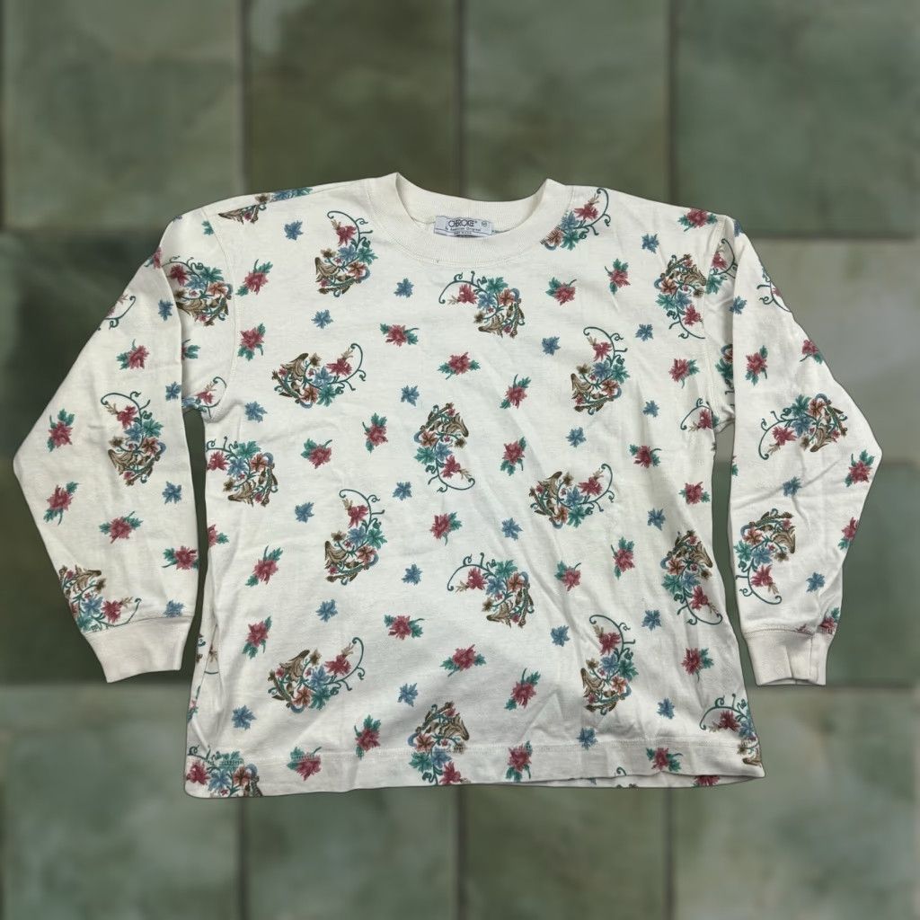 Cherokee VINTAGE Cherokee Shirt Womens Petite Medium White Floral 80s 90s Long Sleeve Crew Neck Size M / US 6-8 / IT 42-44 - 1 Thumbnail