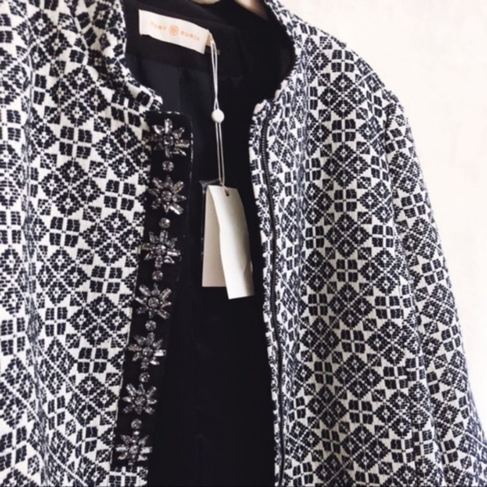 Tory Burch Tory Burch Navy Patterned Textured Jacket Size L / US 10 / IT 46 - 8 Thumbnail