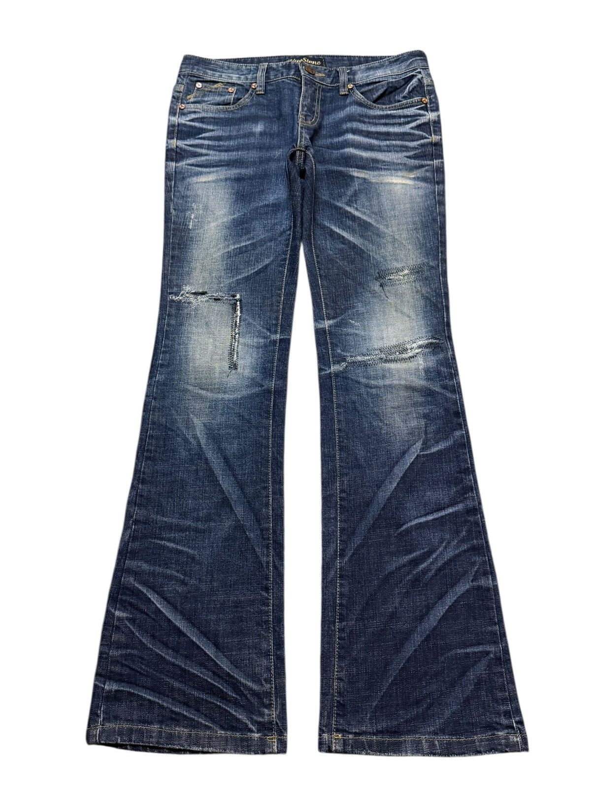 If Six Was Nine Vintage Y2K Blue Faded Wash Clawmark Whiskers Wide Leg Flare Size US 31 - 1 Thumbnail