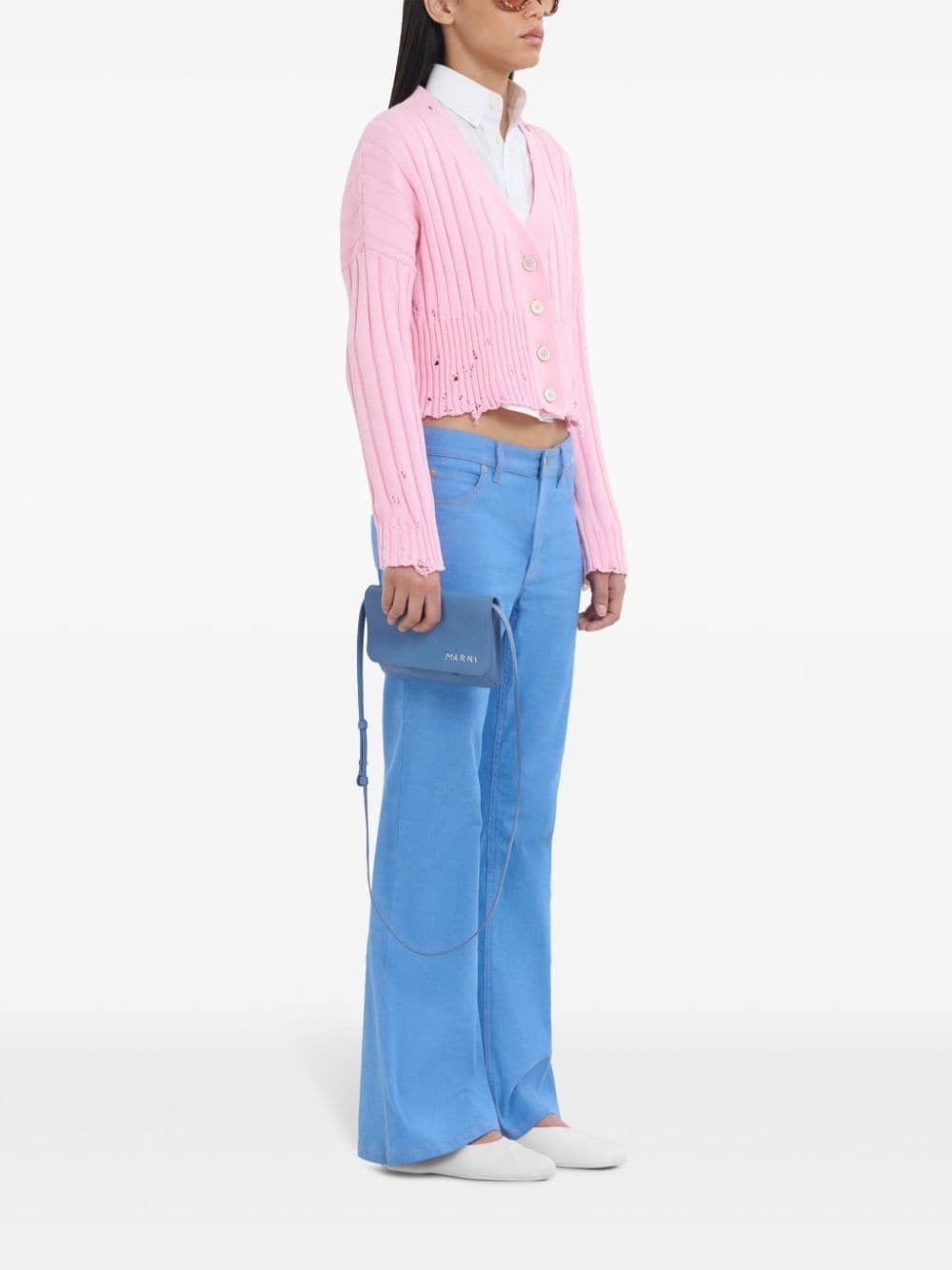 Marni o1f1d3z0725 Distressed Cropped Cotton Cardigan in Pink Size L / US 10 / IT 46 - 2 Thumbnail