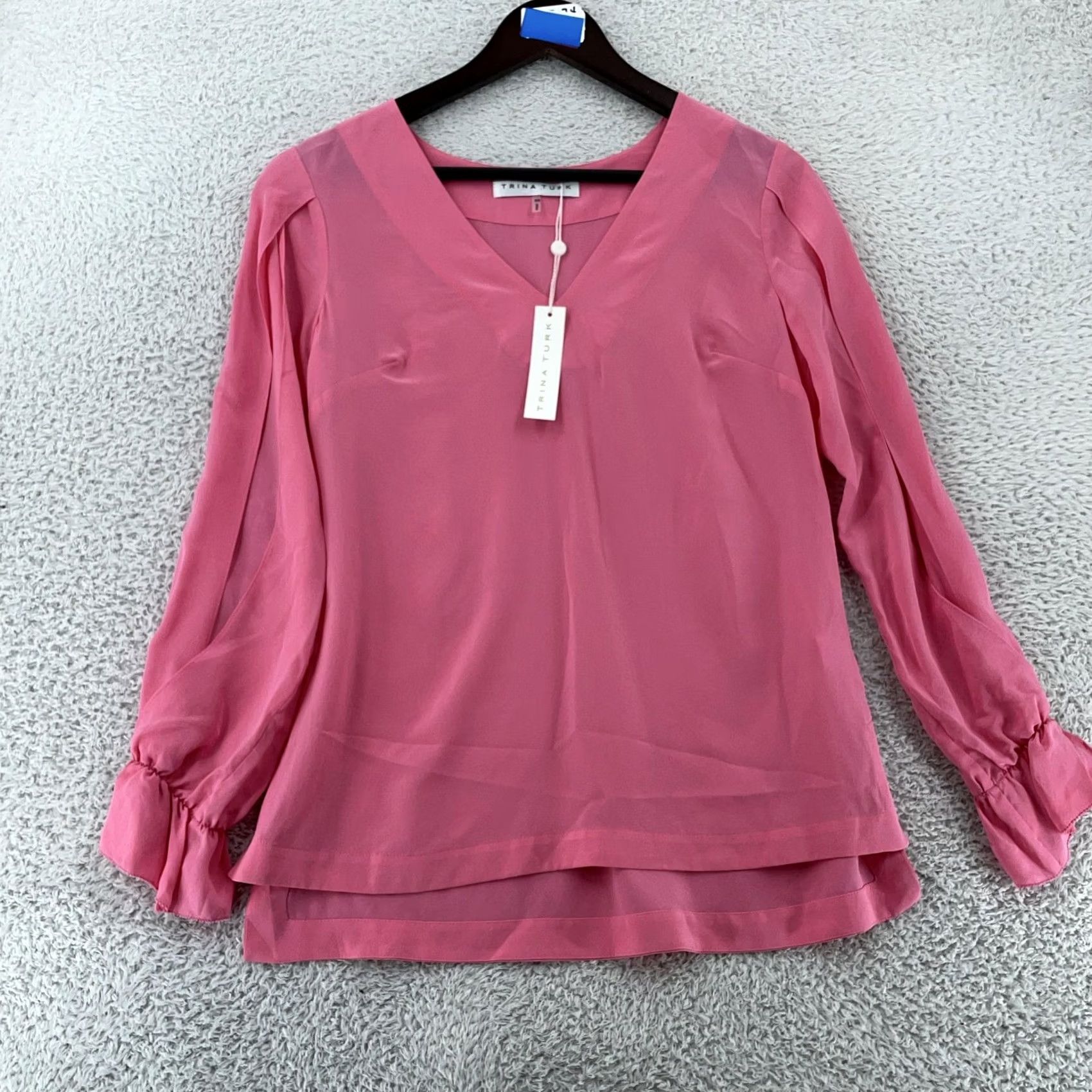 Trina Turk Trina Turk Blouse Womens XS Pink Solid Silk Regular Fit Long Sleeve V Neck Top Size XS / US 0-2 / IT 36-38 - 3 Thumbnail