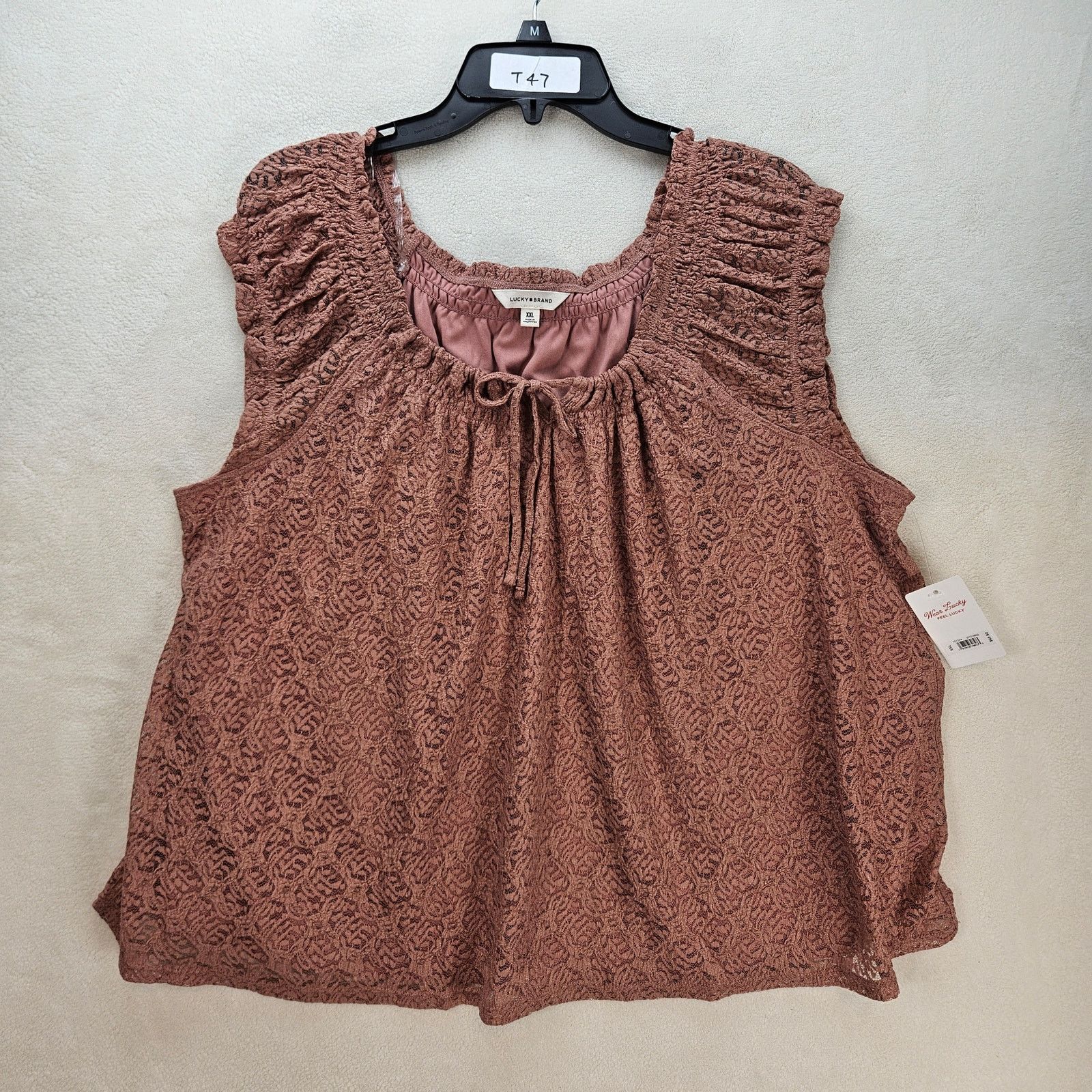 Lucky Brand LUCKY BRAND WOMEN'S XXL LACE SMOCKED TIE TOP ASH ROSE NWT Size XXL / US 16-18 / IT 52-54 - 1 Thumbnail