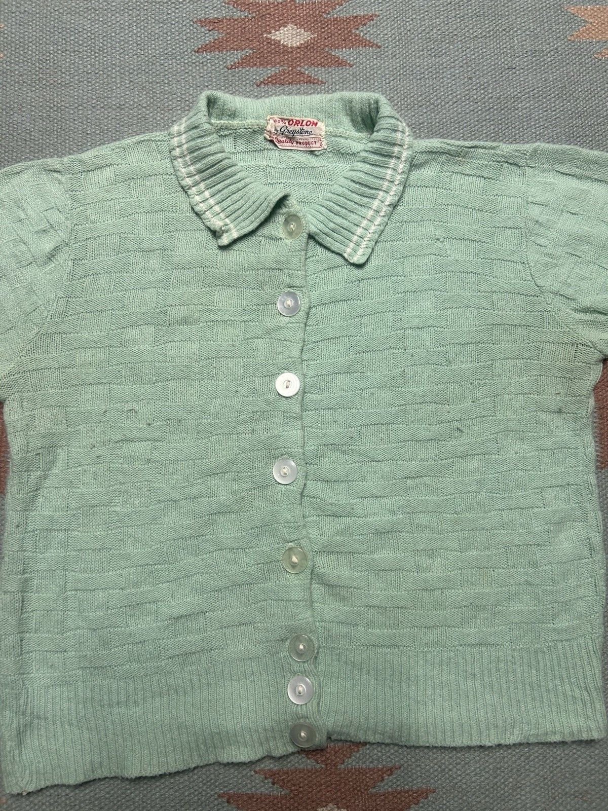 Vintage 50s button front sweater acrylic mint green cropped women M? Size M / US 6-8 / IT 42-44 - 2 Thumbnail