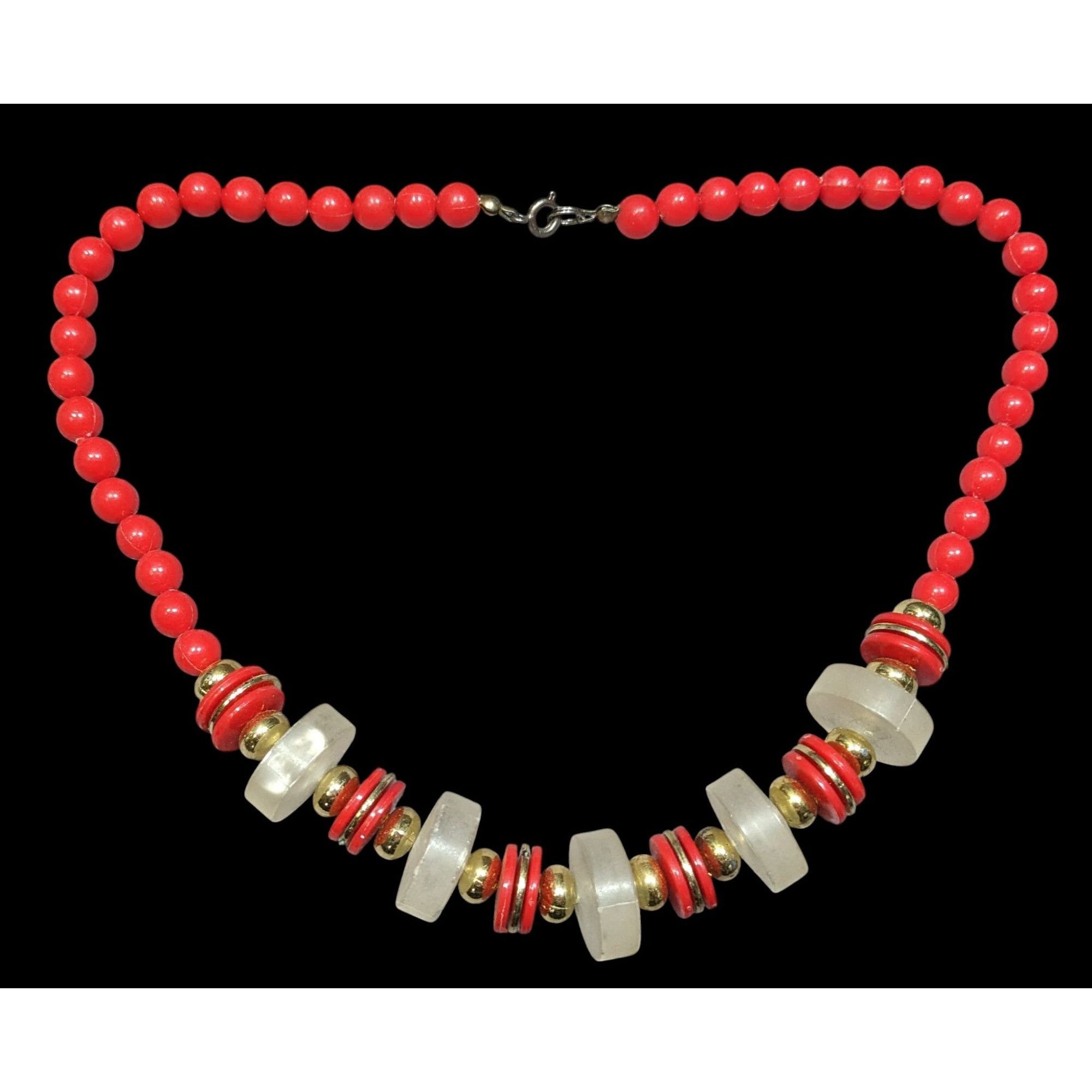 Other Vintage Retro Red Beaded Necklace W/ Frosted Clear & Gold To Size ONE SIZE - 1 Thumbnail