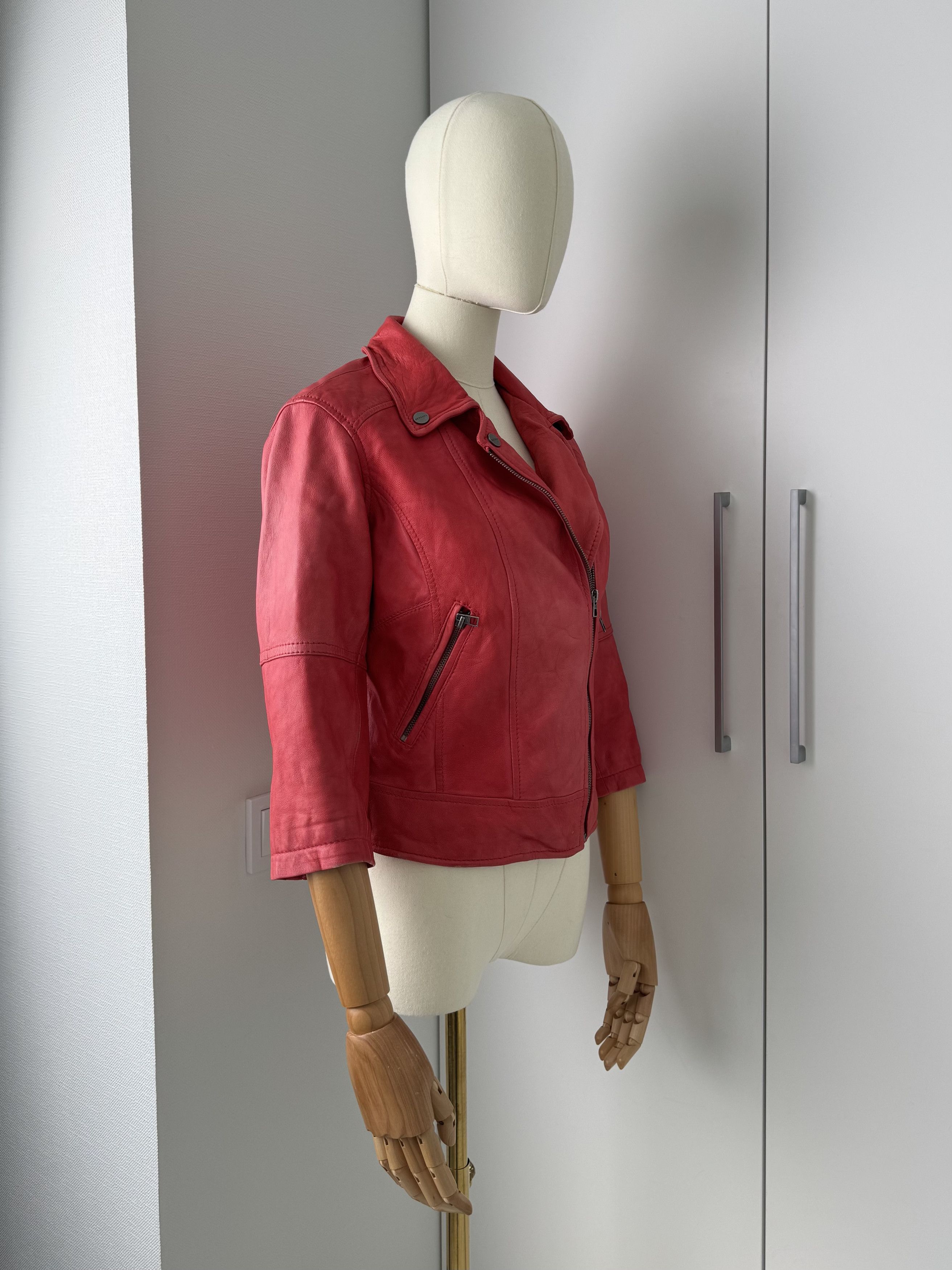 Leather Y2K Red Leather Biker Jacket Cropped Moto Zip Up Slim Fit Size XS / US 0-2 / IT 36-38 - 2 Thumbnail